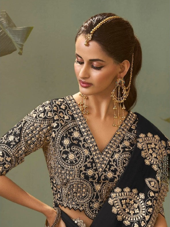 Tarani black bamber silk saree upper body view showing gota patti embroidery blouse