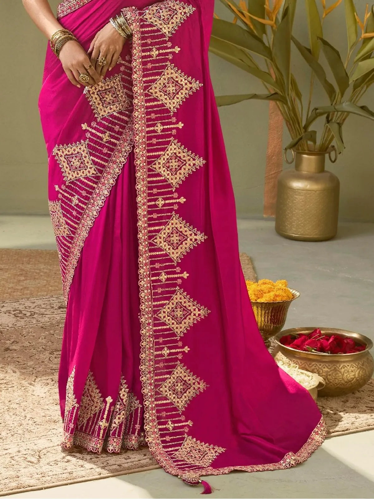 Tarani pink bamber silk saree pallu view showing detailed gota patti embroidery border