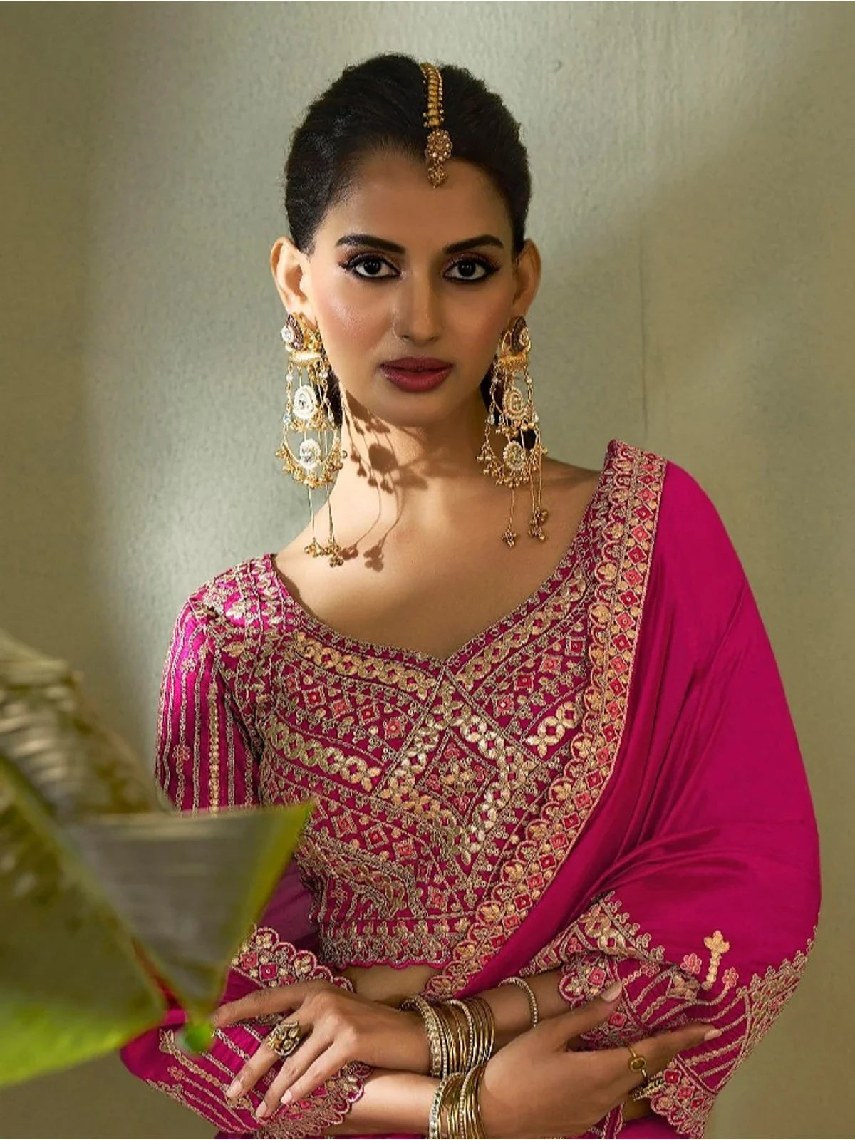 Tarani bamber silk pink saree close-up showing embroidery blouse and neckline design
