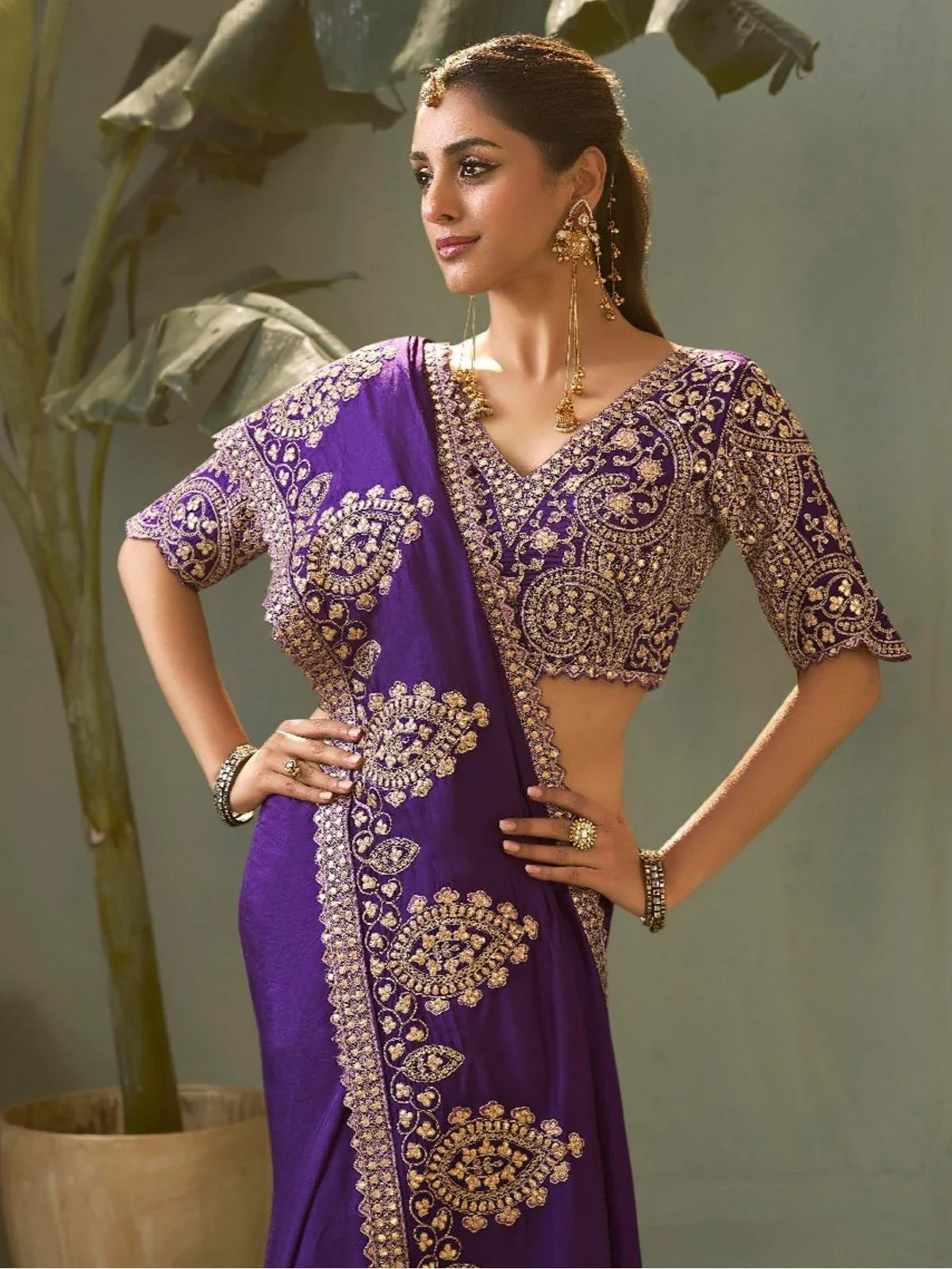 Tarani purple silk saree upper body view showing rich embroidery details