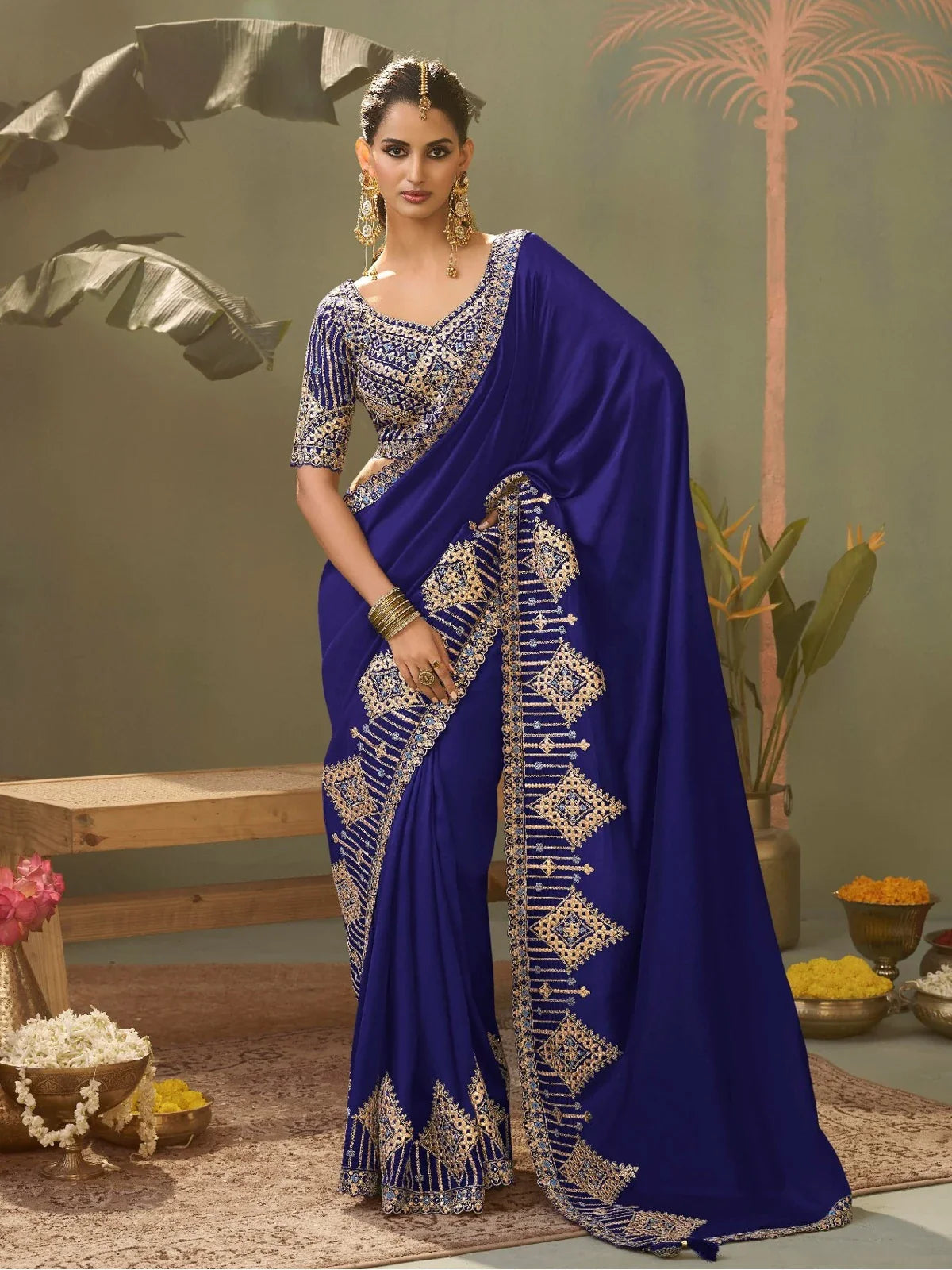 Tarani royal blue bamber silk saree full view with gota patti embroidery work