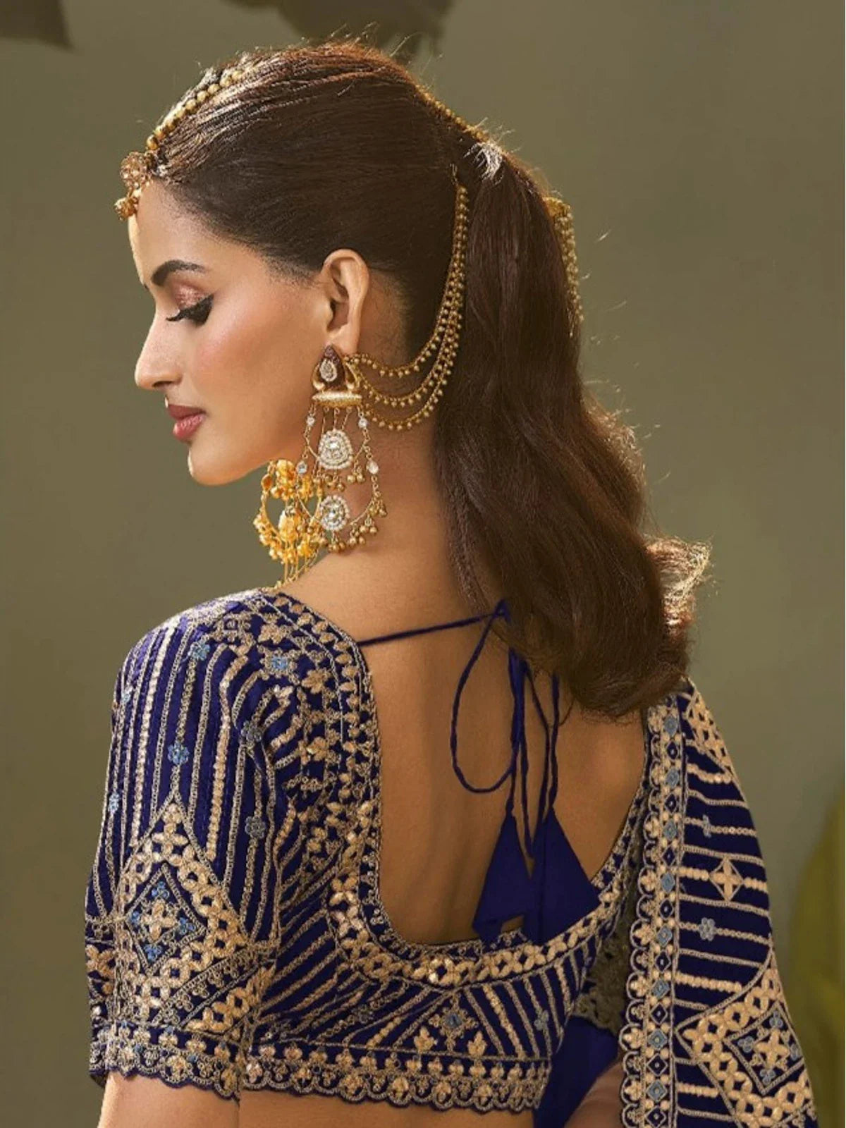 Tarani royal blue bamber silk saree back blouse design with gota patti work