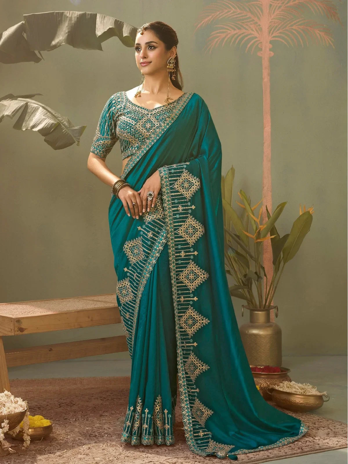 Tarani teal bamber silk saree with intricate gota patti embroidery work full front view