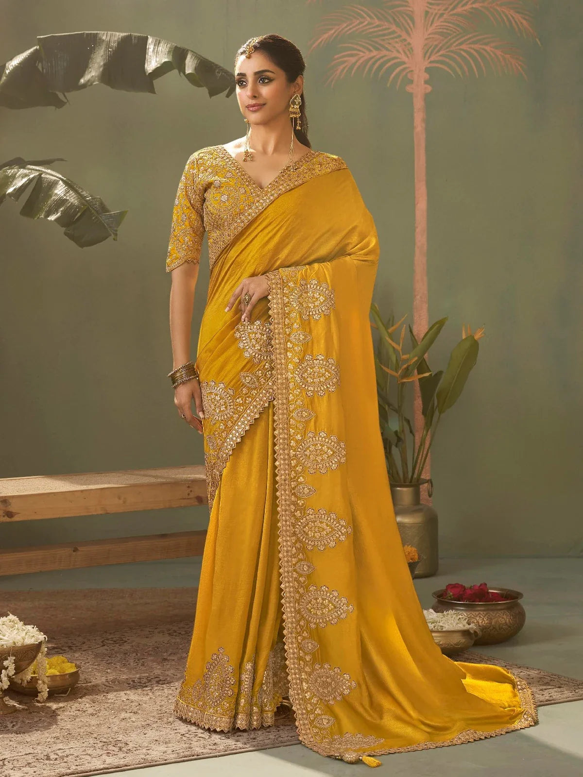 Tarani premium yellow bamber silk saree with gota patti embroidery work full view