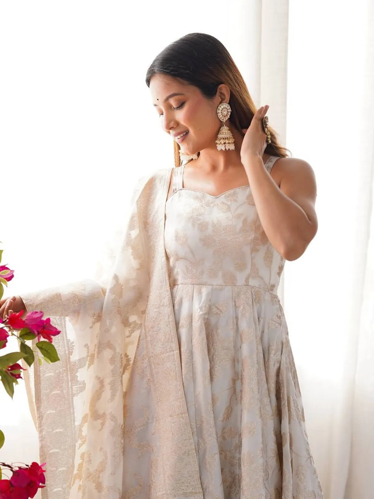 Tarani elegant banarasi festive dress upper body front design with soft embroidery and dupatta