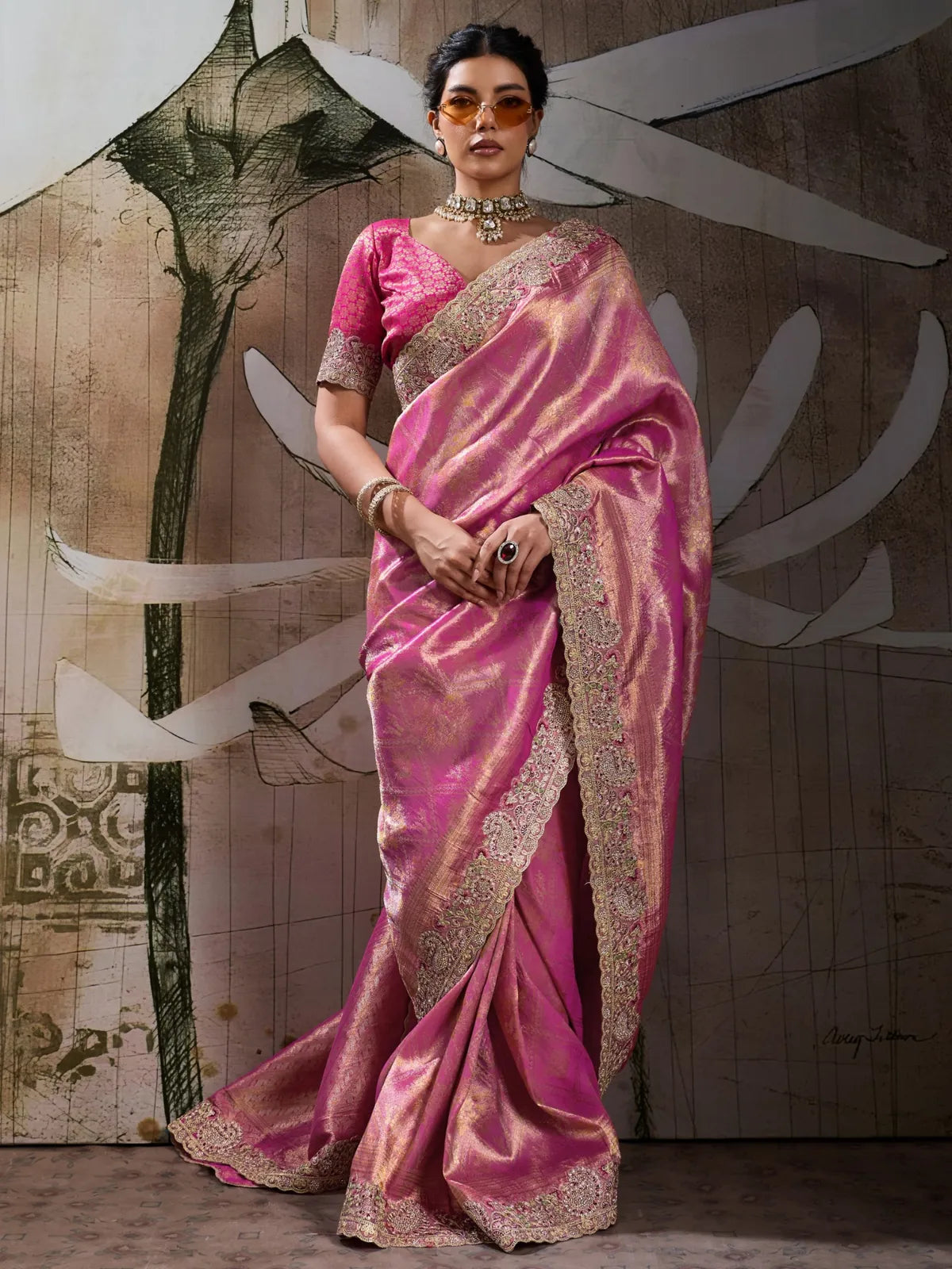 Tarani pink Banarasi jacquard silk saree front-view