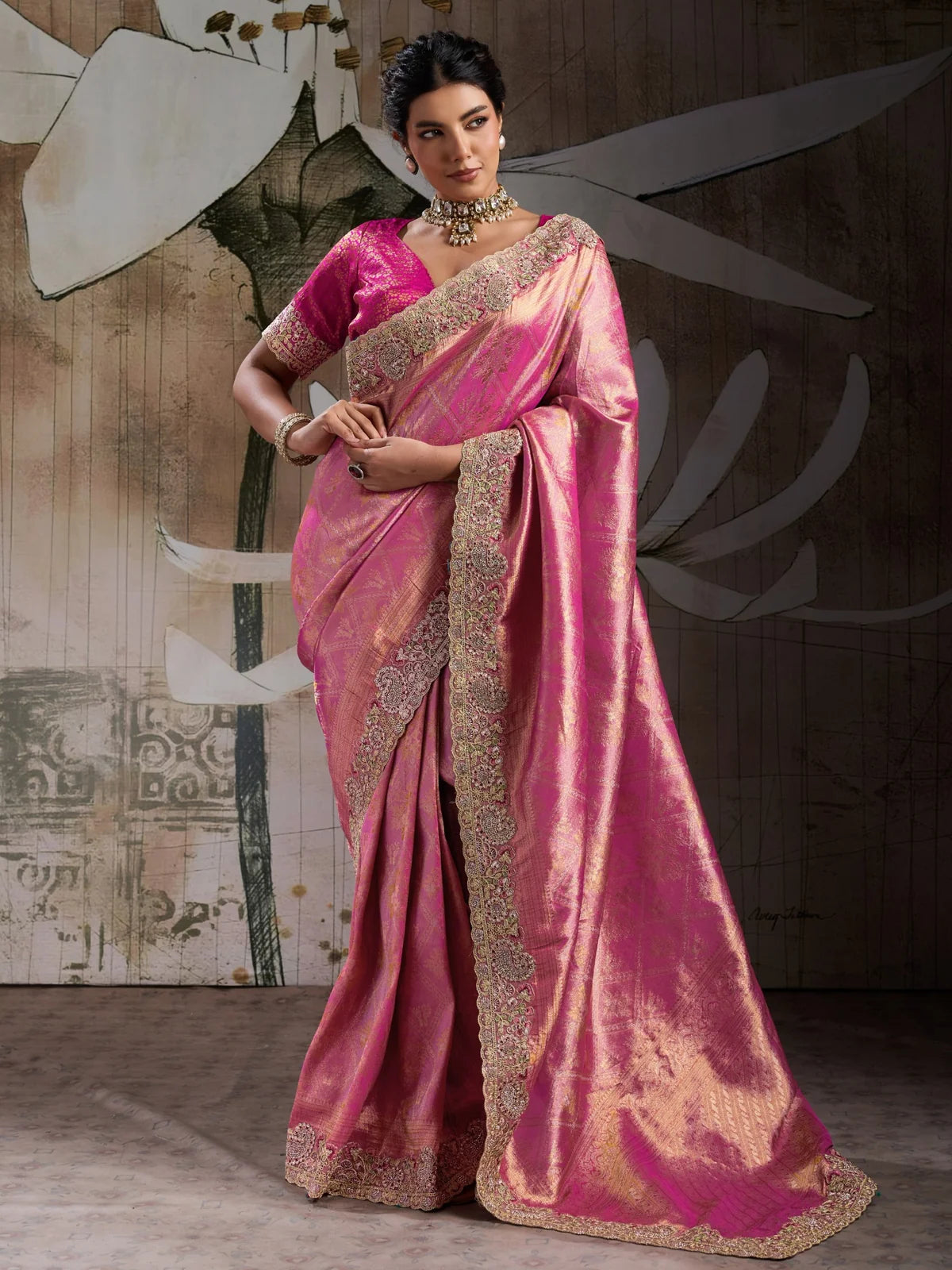 Tarani pink Banarasi jacquard silk saree full view with embroidered border and brocade blouse