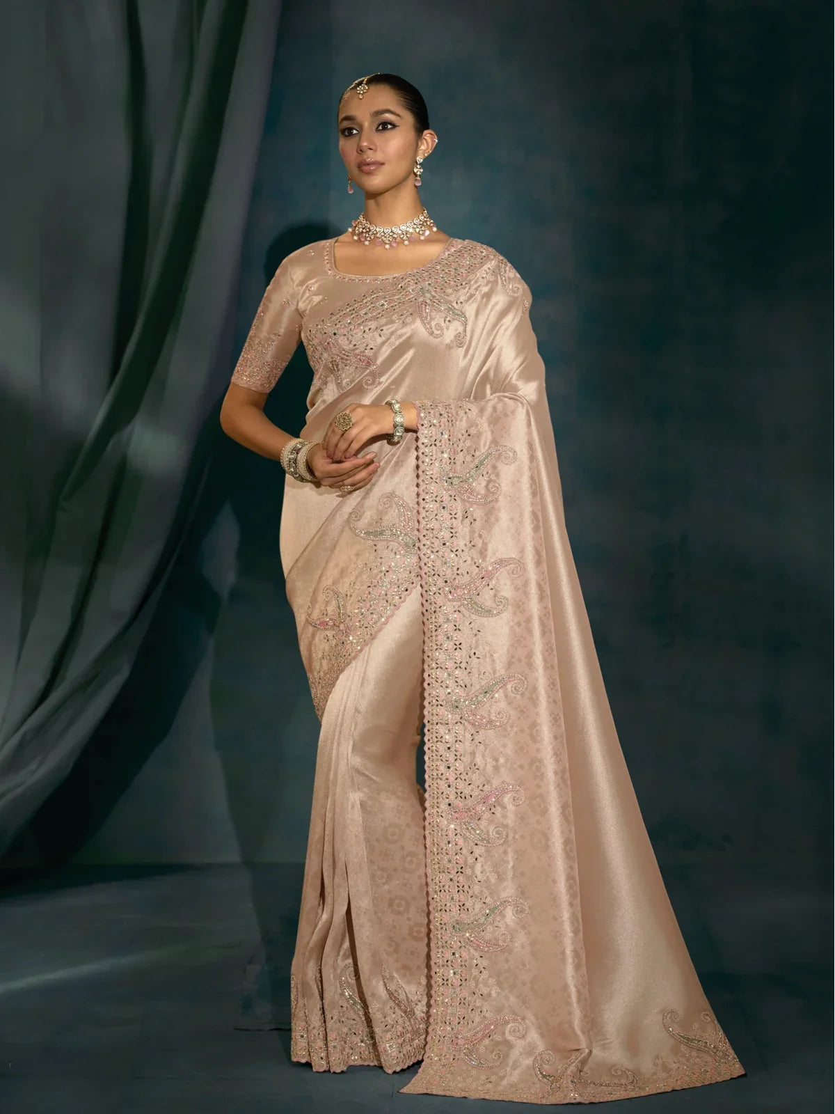 Tarani beige banarasi saree full view with heavy Lucknowi and zarkan work perfect for wedding and party wear