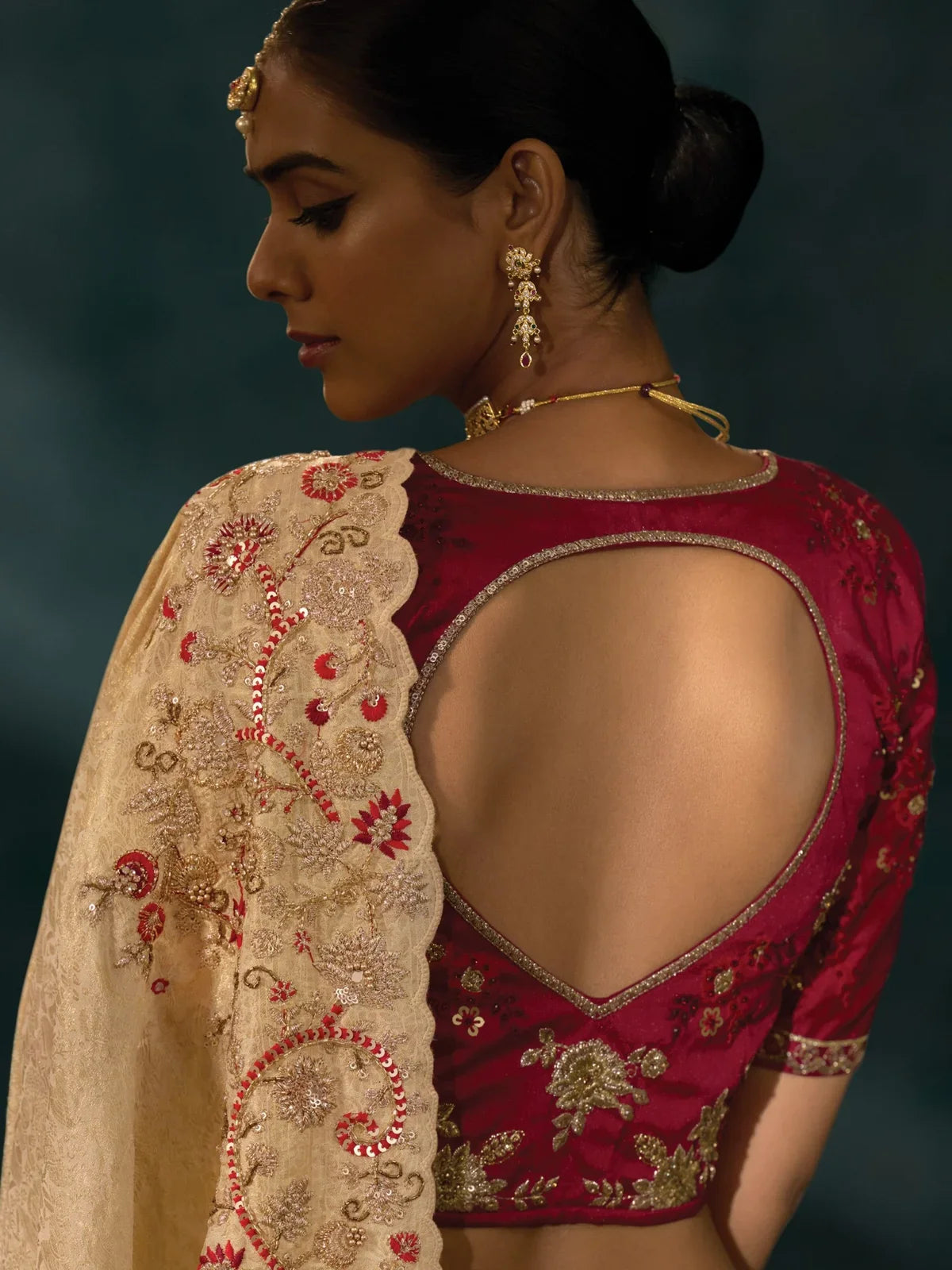 Tarani Banarasi saree back view showing blouse design and embroidery details