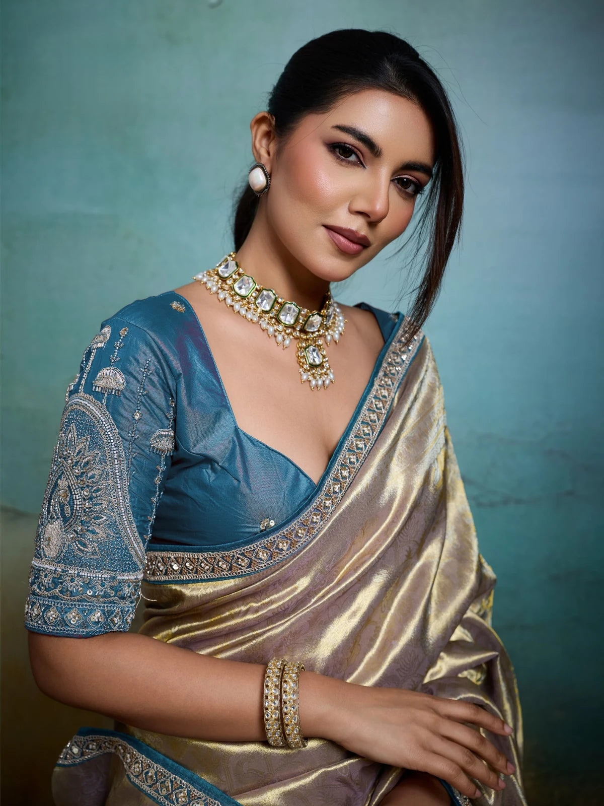 Tarani self woven tissue Banarasi saree closeup with heavy sleeve work blouse