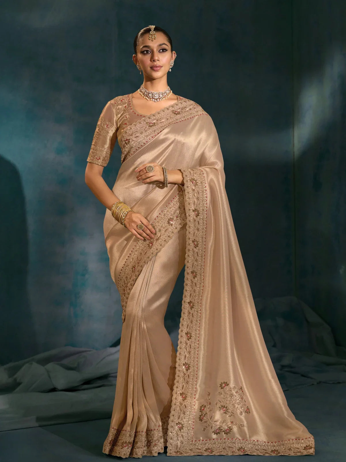 Tarani golden banarasi saree full view with Lucknowi and zarkan embroidery for weddings