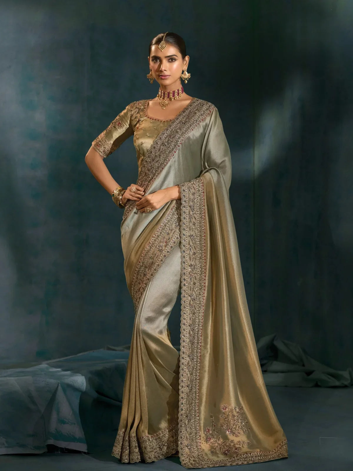 Tarani premium golden banarasi saree full view with Lucknowi and zarkan work for weddings