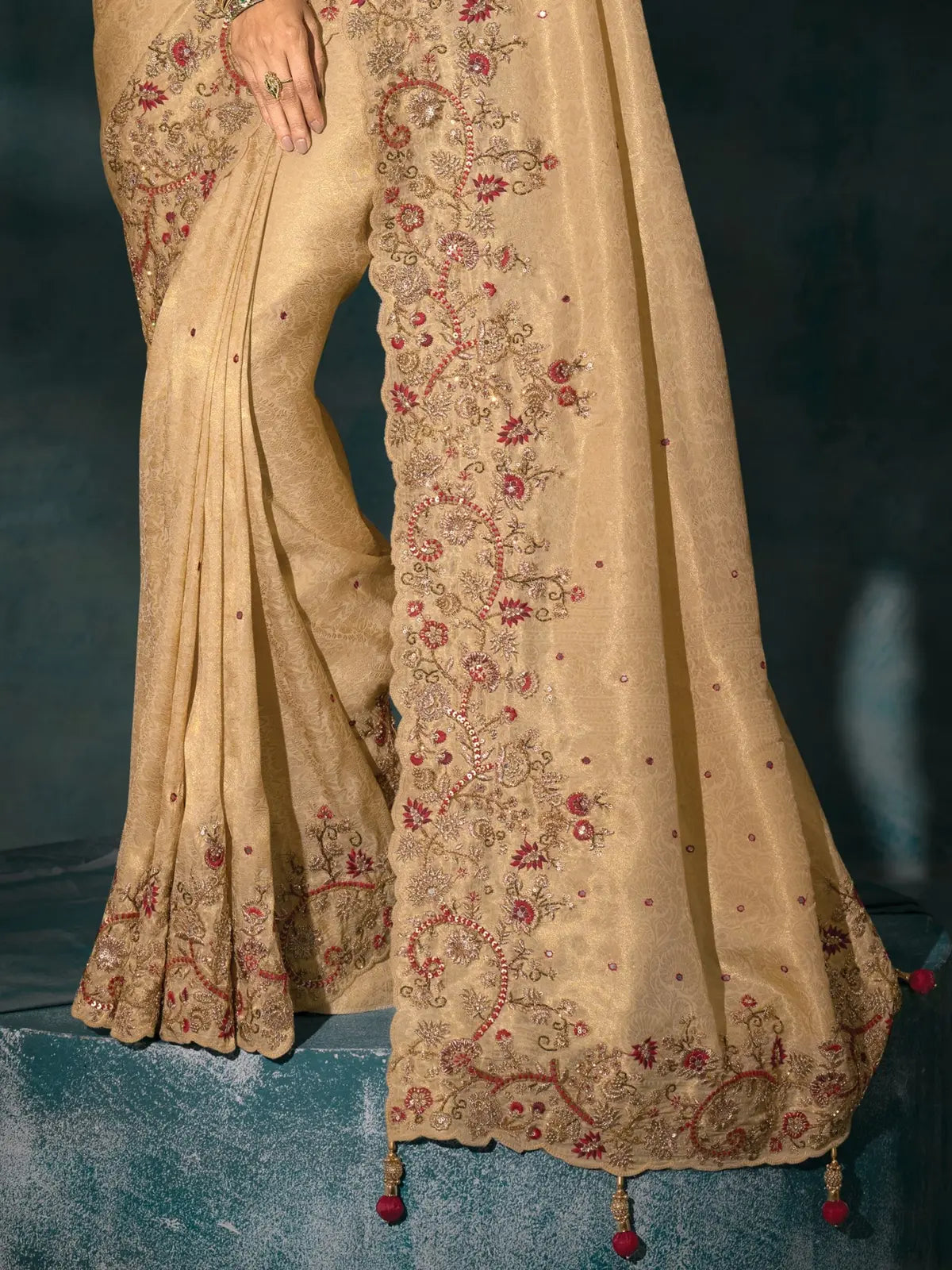 Tarani Banarasi golden saree pallu and border closeup with Lucknowi and zarkan embroidery