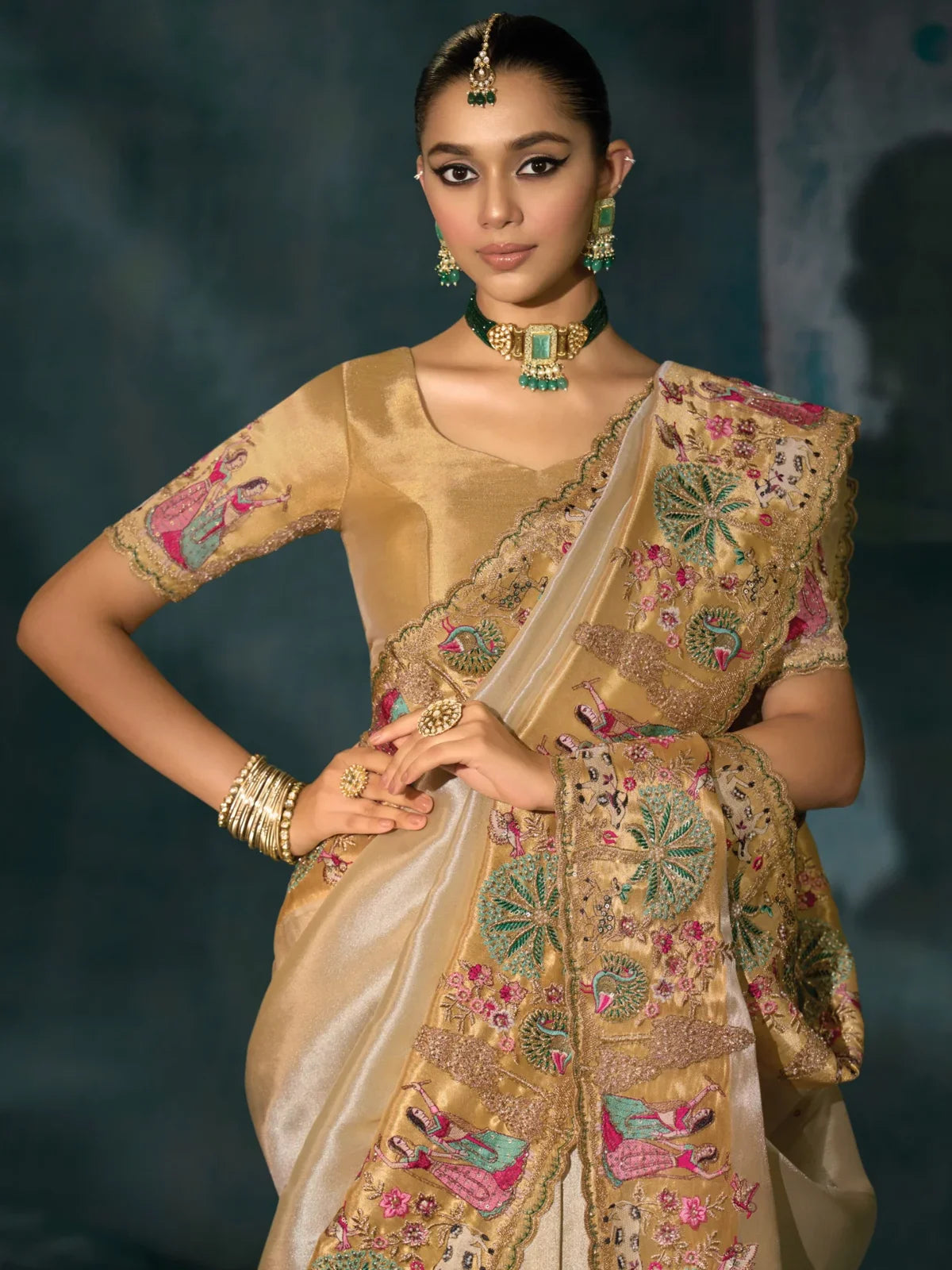 Tarani golden Banarasi saree upper body view showing blouse and zari work