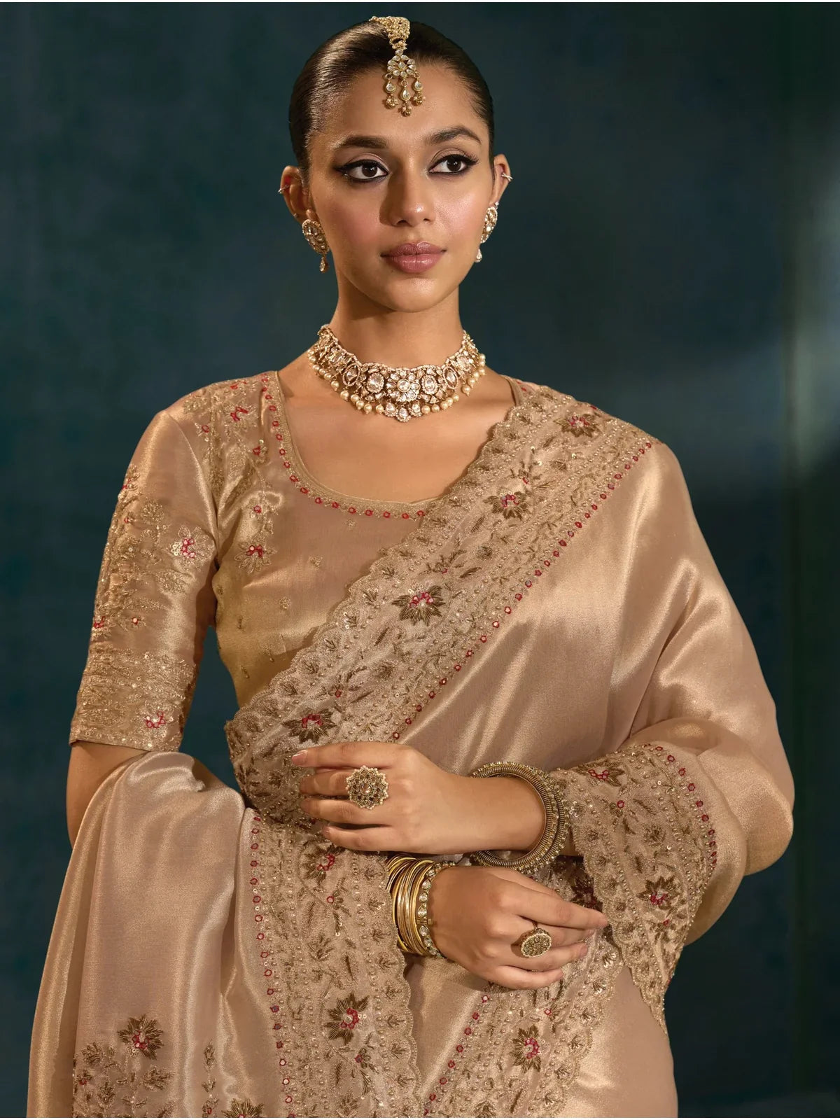 Tarani golden banarasi saree upper body view showcasing blouse and embroidery details