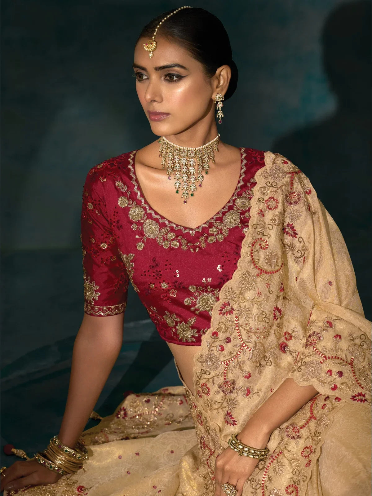 Tarani Banarasi golden saree with maroon silk blouse and intricate embroidery upper body view