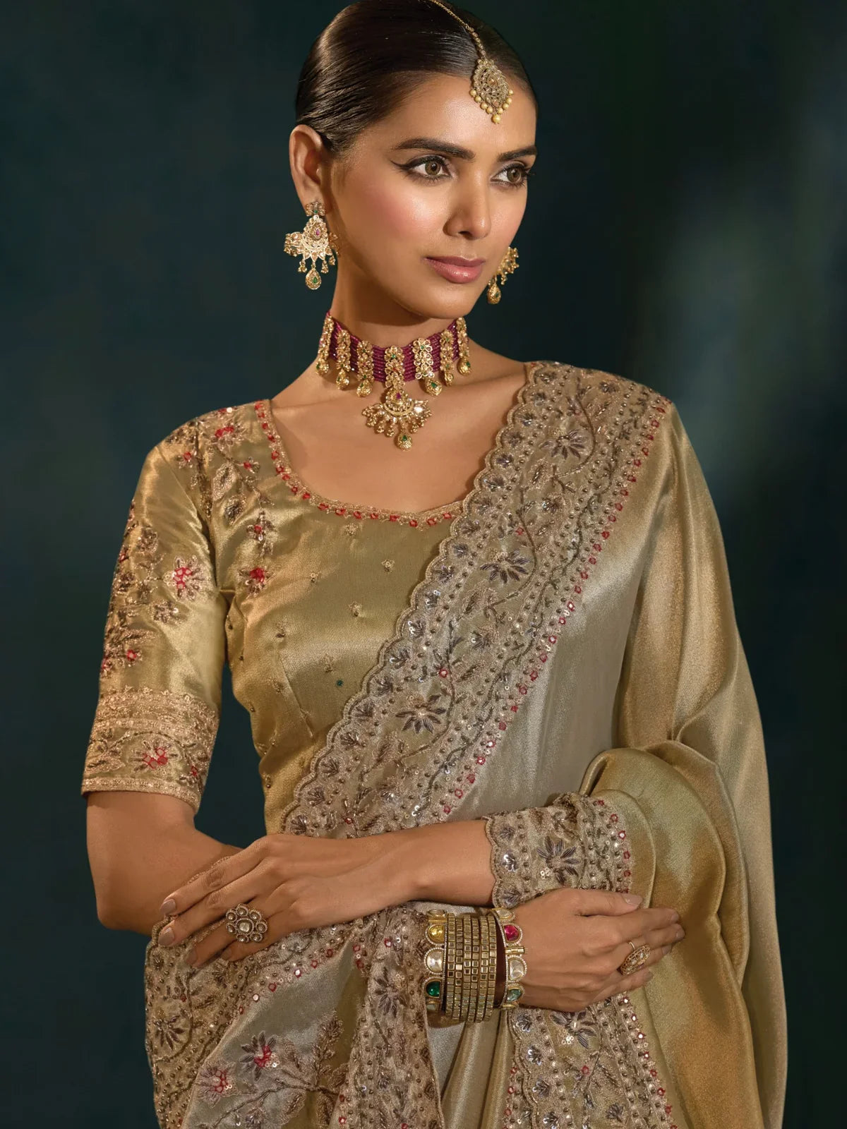 Tarani golden banarasi saree upper body closeup with embroidered silk blouse