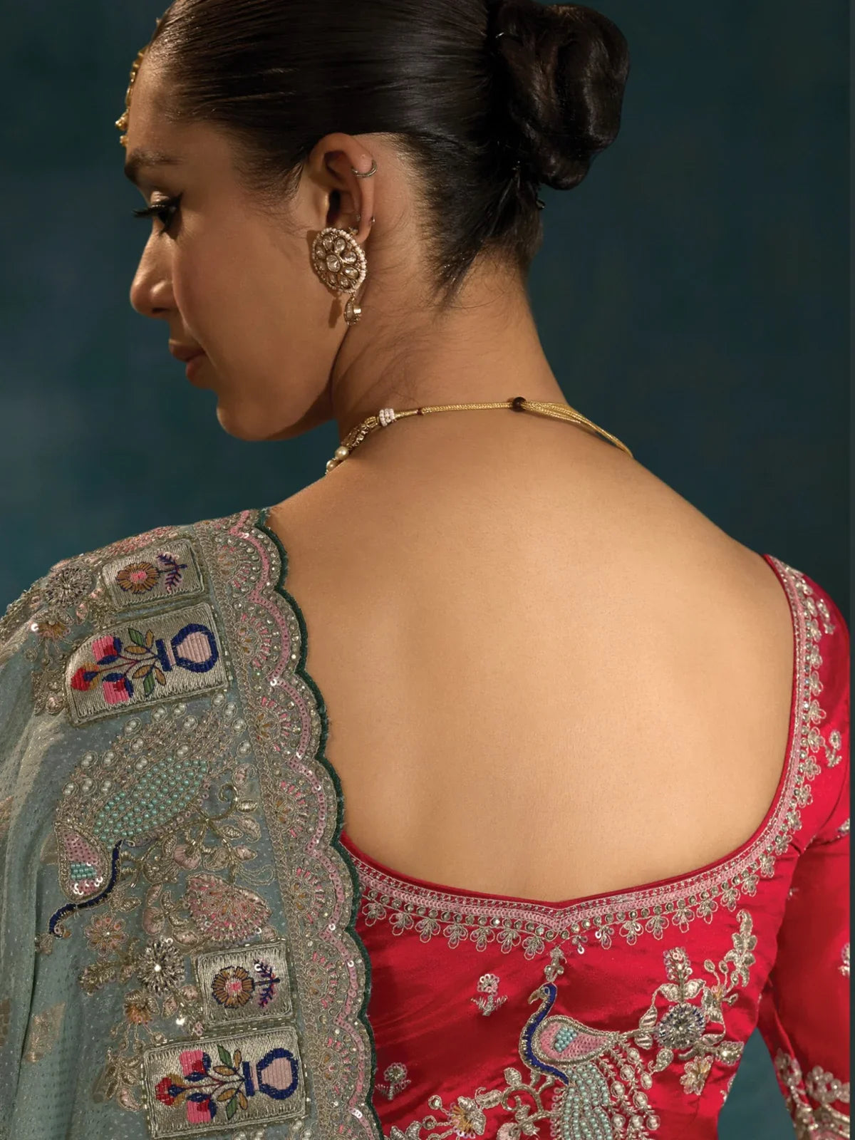 Tarani Banarasi saree back view highlighting blouse embroidery and detailing