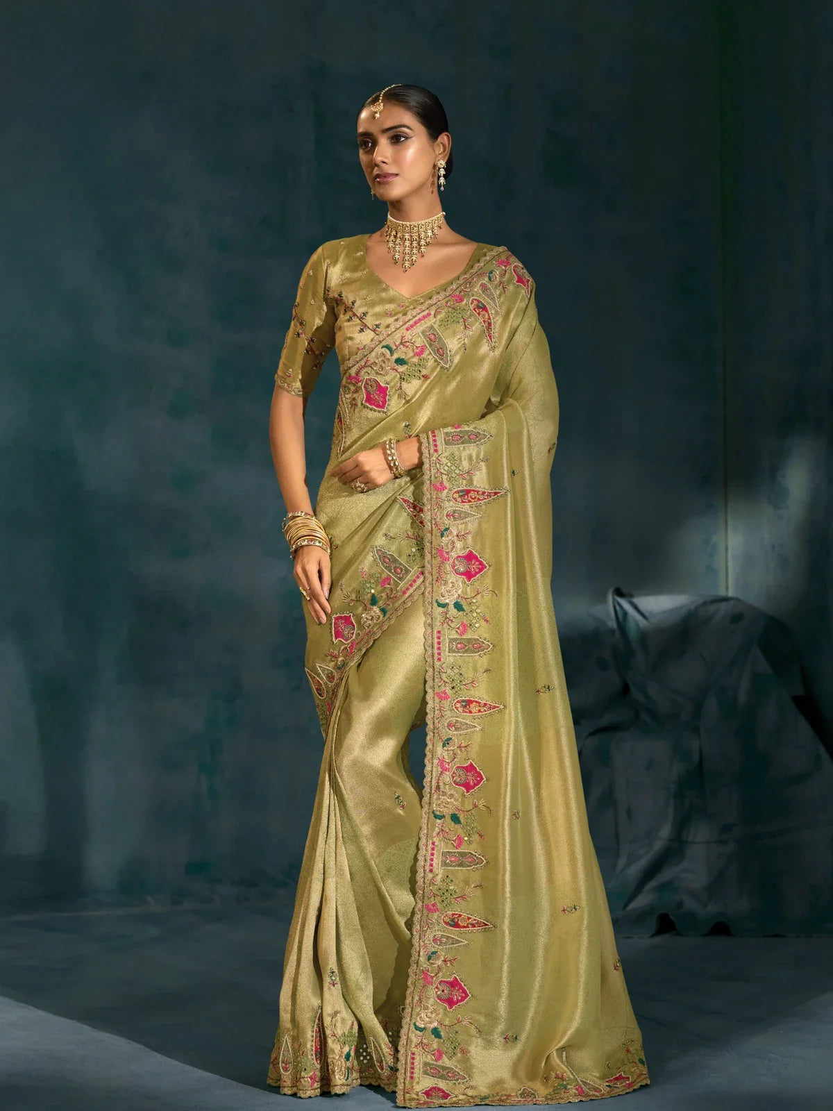 Tarani green banarasi saree full view with zarkan and Lucknowi heavy work for weddings and parties