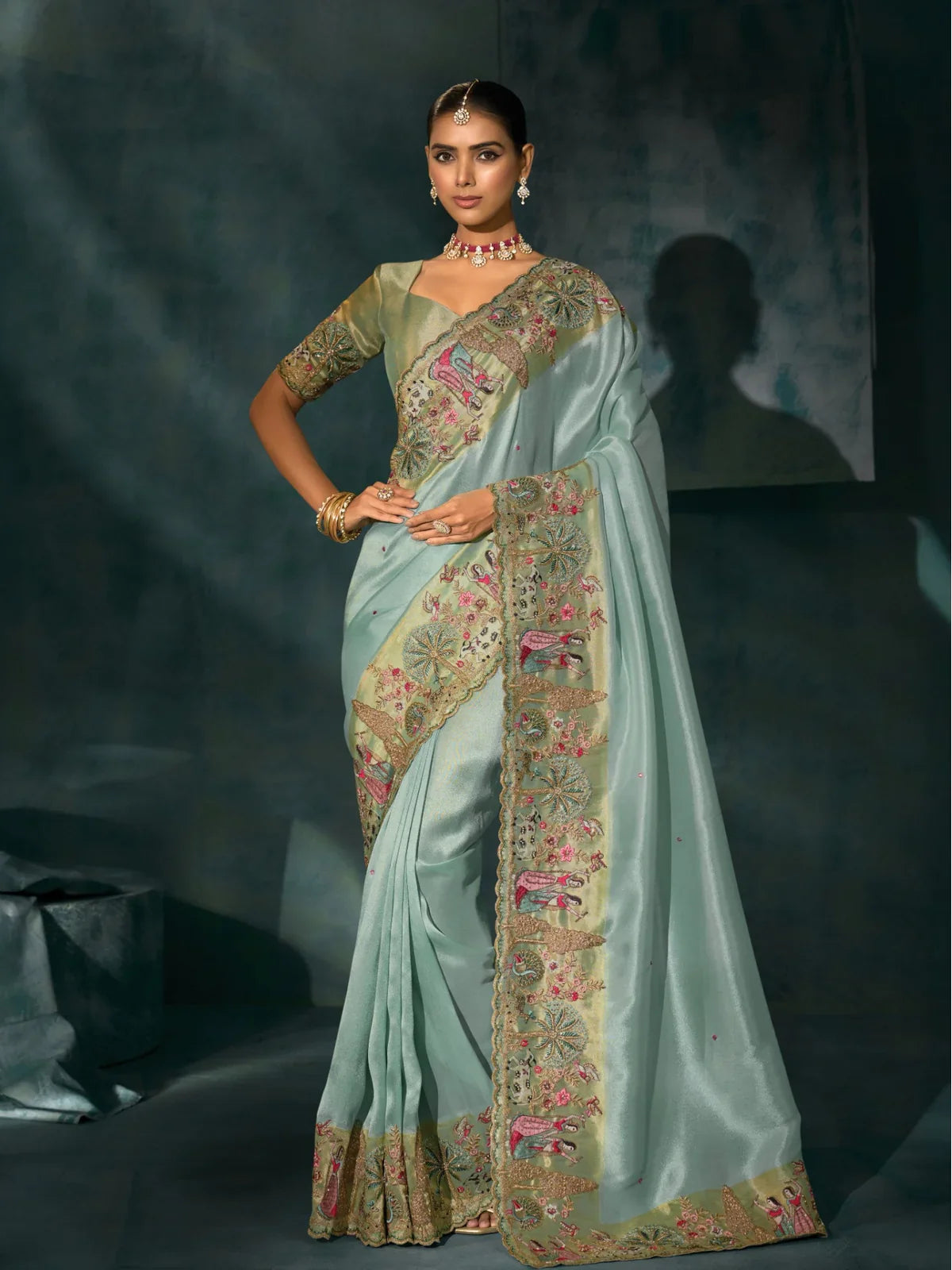 Tarani green banarasi party saree full view with heavy Lucknowi work and silk blouse