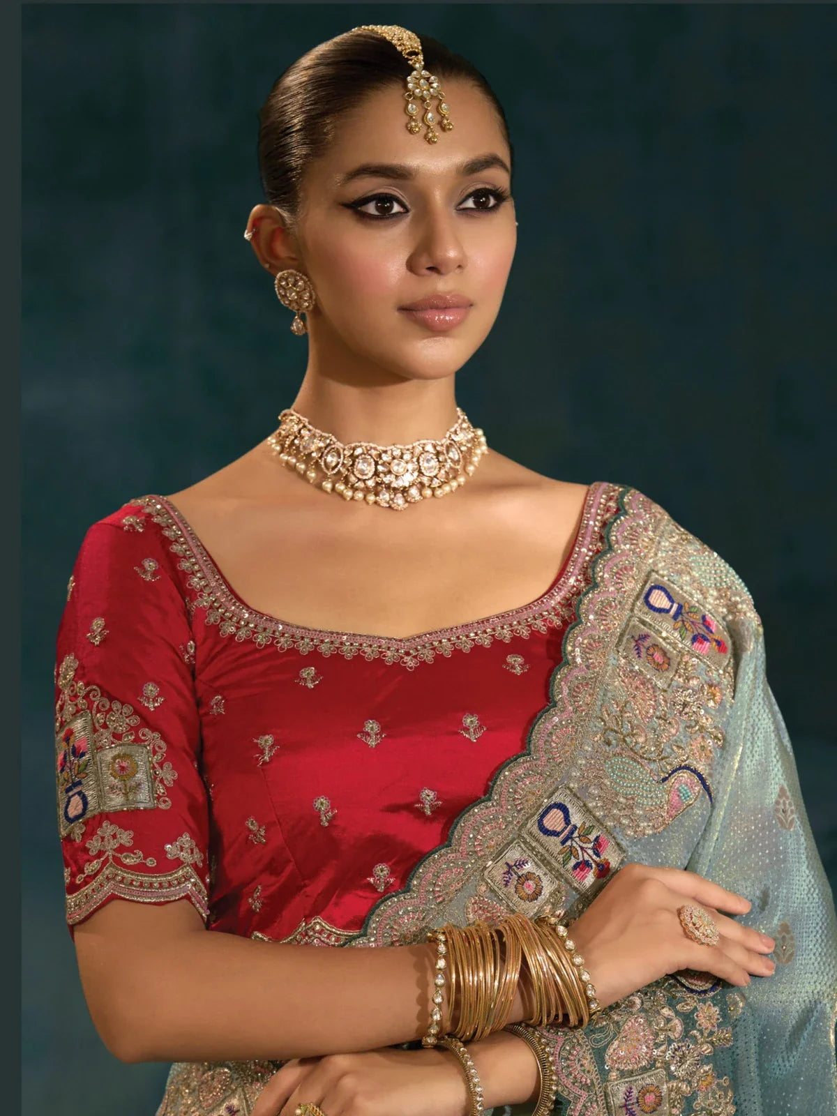Tarani Banarasi green saree upper body view with red silk blouse and zarkan work