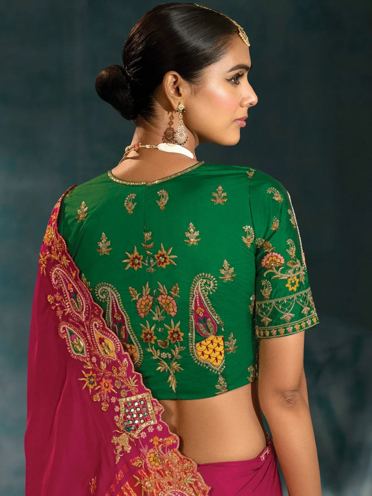 Tarani pink banarasi saree with green blouse back embroidery view perfect for receptions