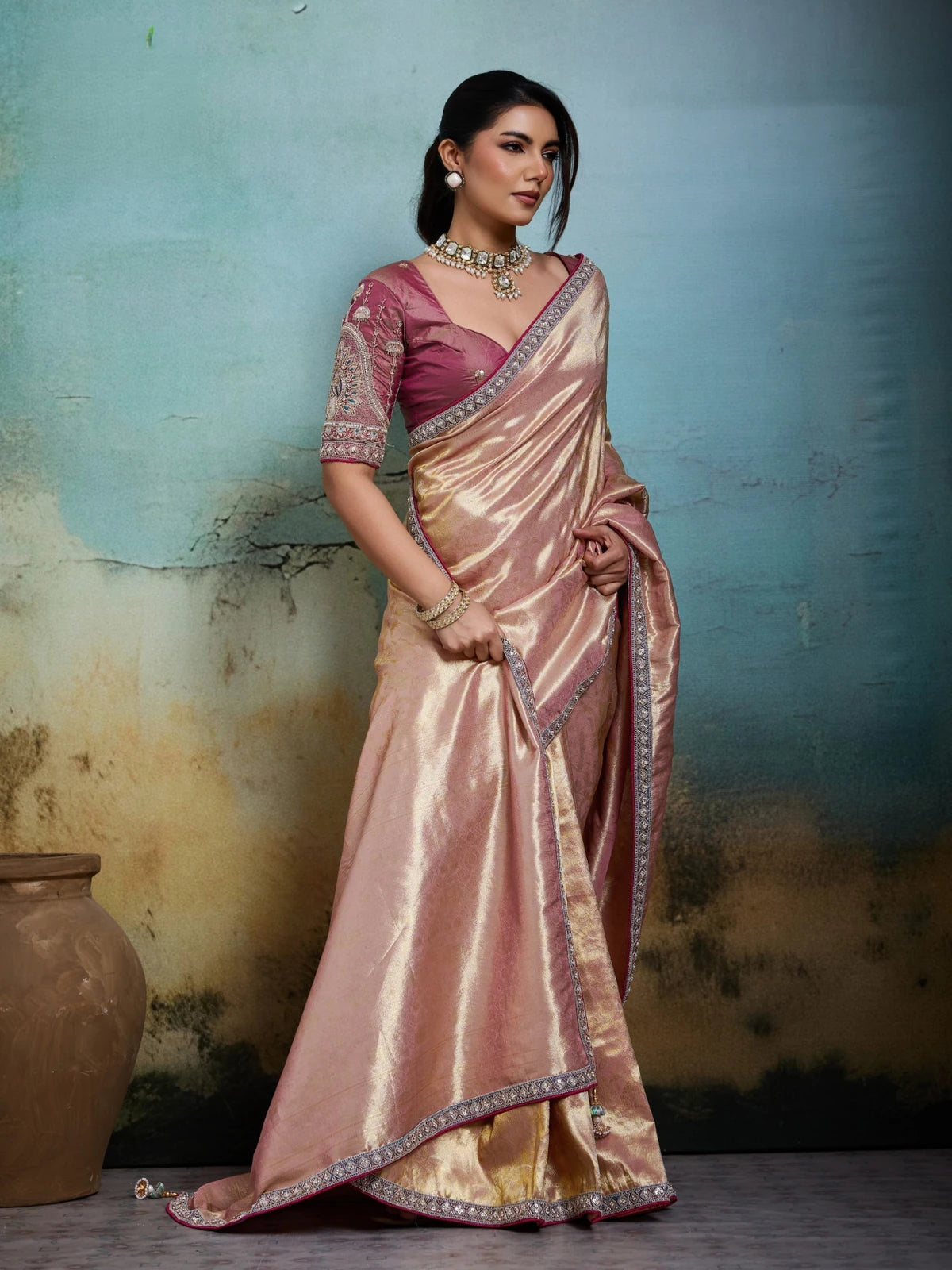 Tarani pink tissue Banarasi saree full view with embroidered blouse for festive party wear