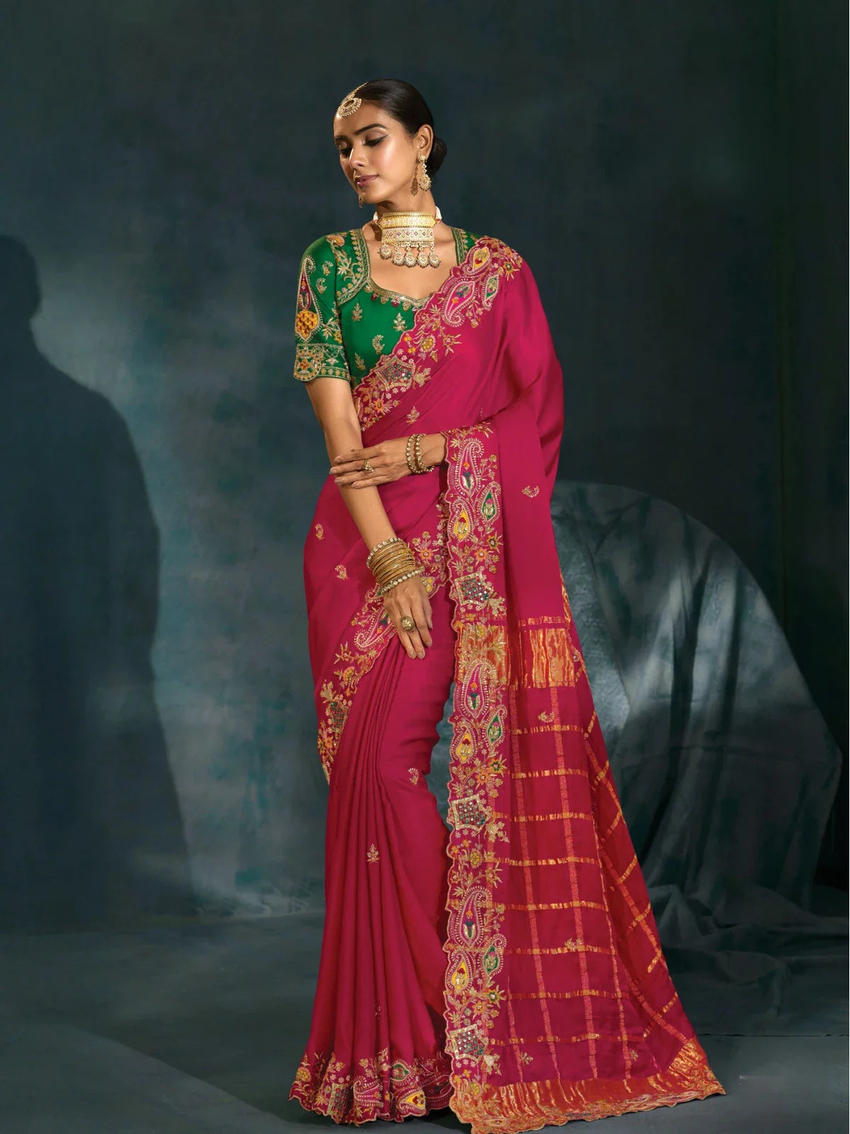 Tarani premium pink banarasi saree with green silk blouse full view ideal for weddings and parties