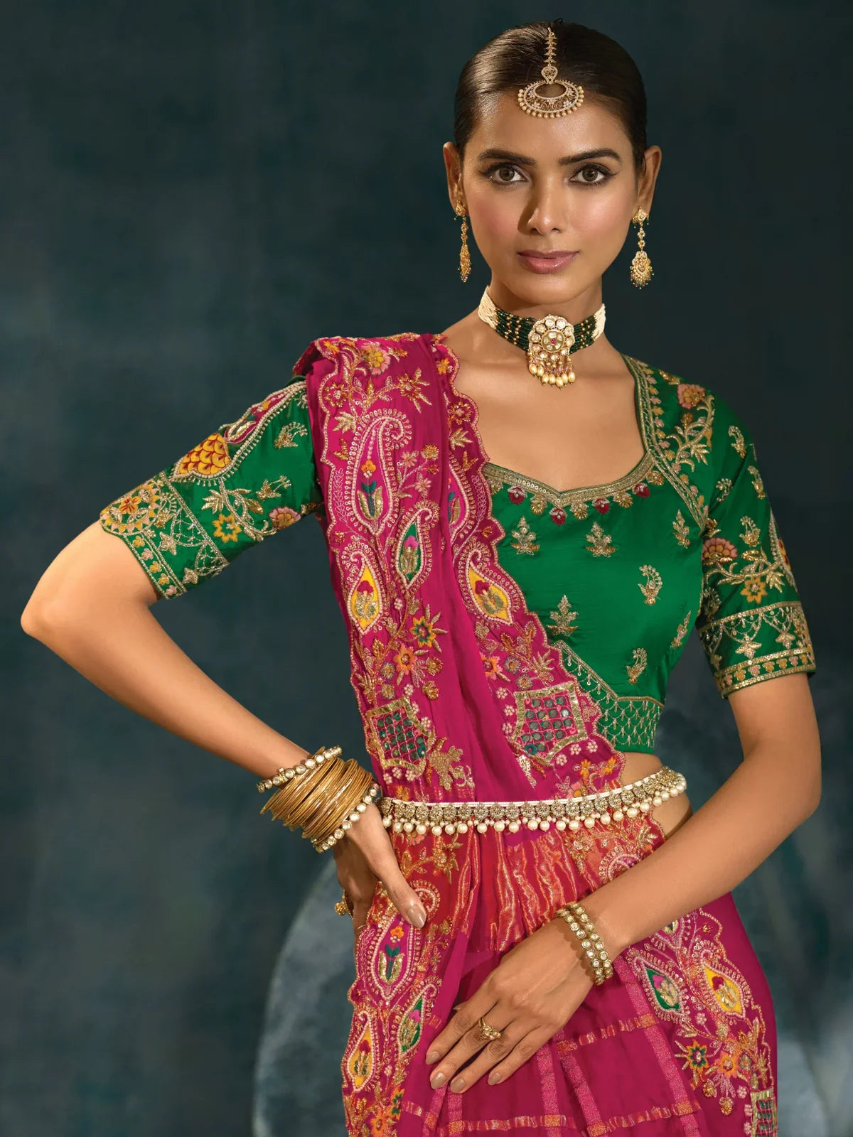 Tarani pink banarasi saree with embroidered blouse upper body close view for festive occasions