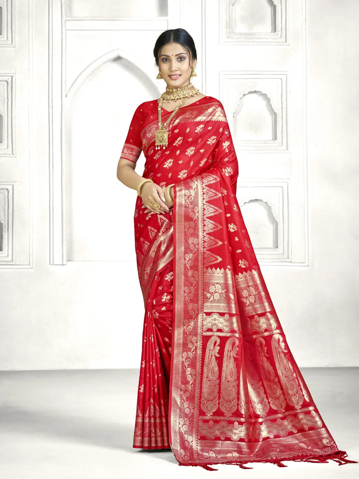Tarani Banarasi red saree full view with zari weaving for wedding and festive occasions