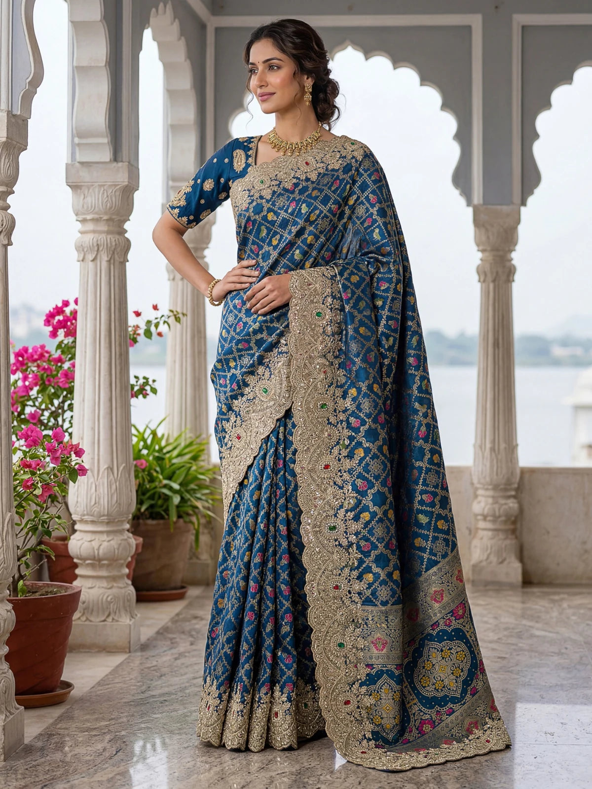 Tarani Nalika royal blue Banarasi silk saree with heavy embroidery full view wedding wear