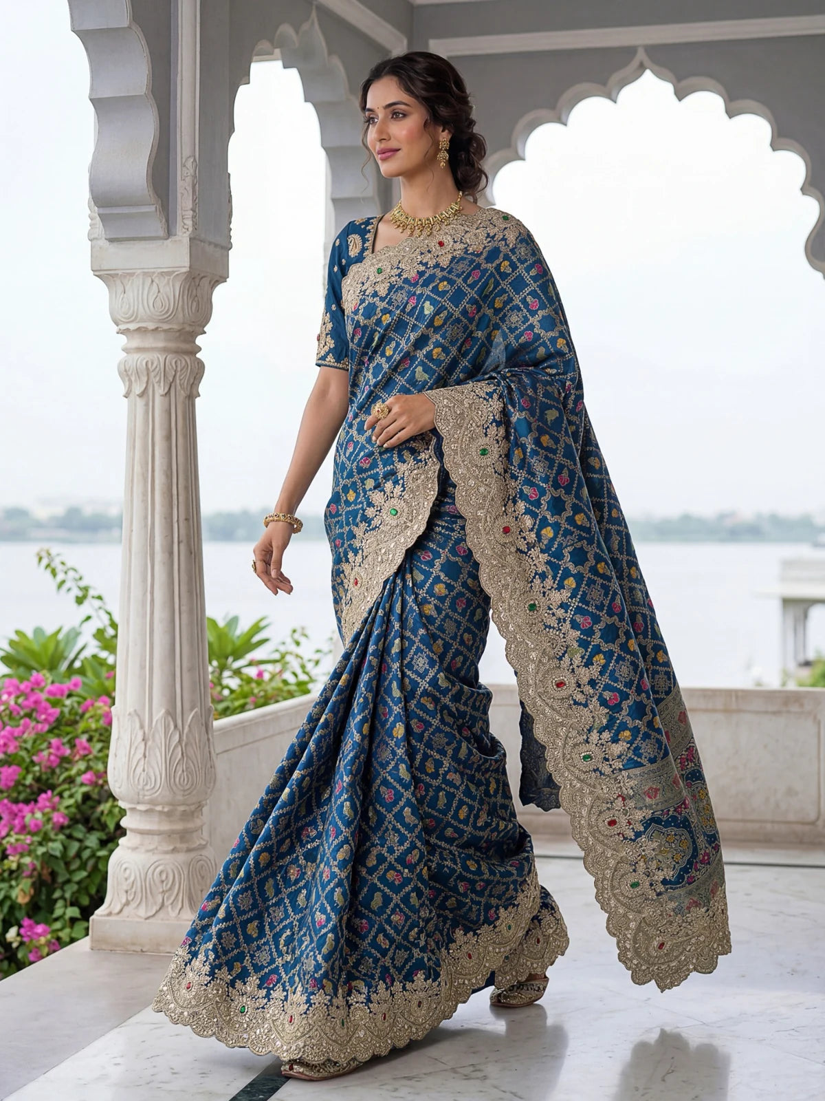Tarani Nalika blue Banarasi silk saree side view with ornate pallu and zari work