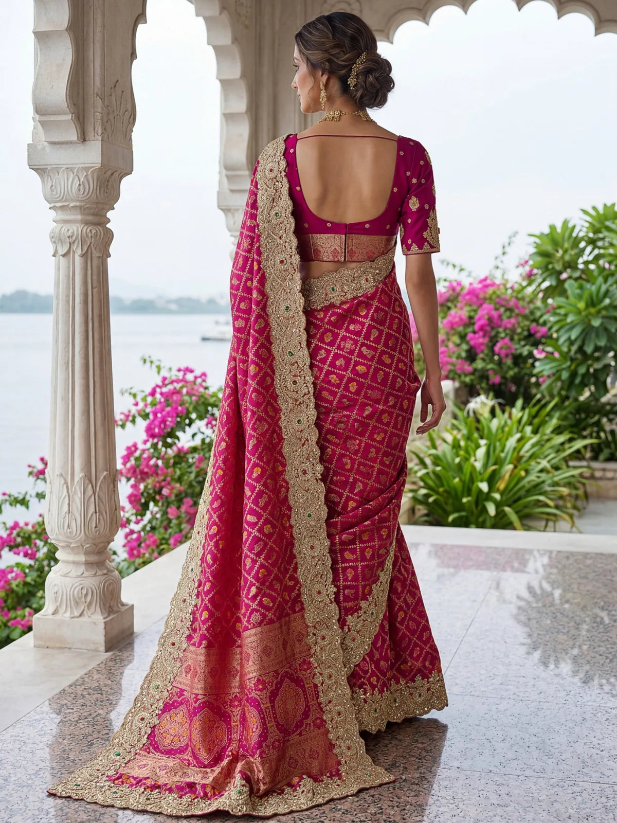Tarani Madhura Banarasi silk saree back view showcasing blouse back design and rich pallu