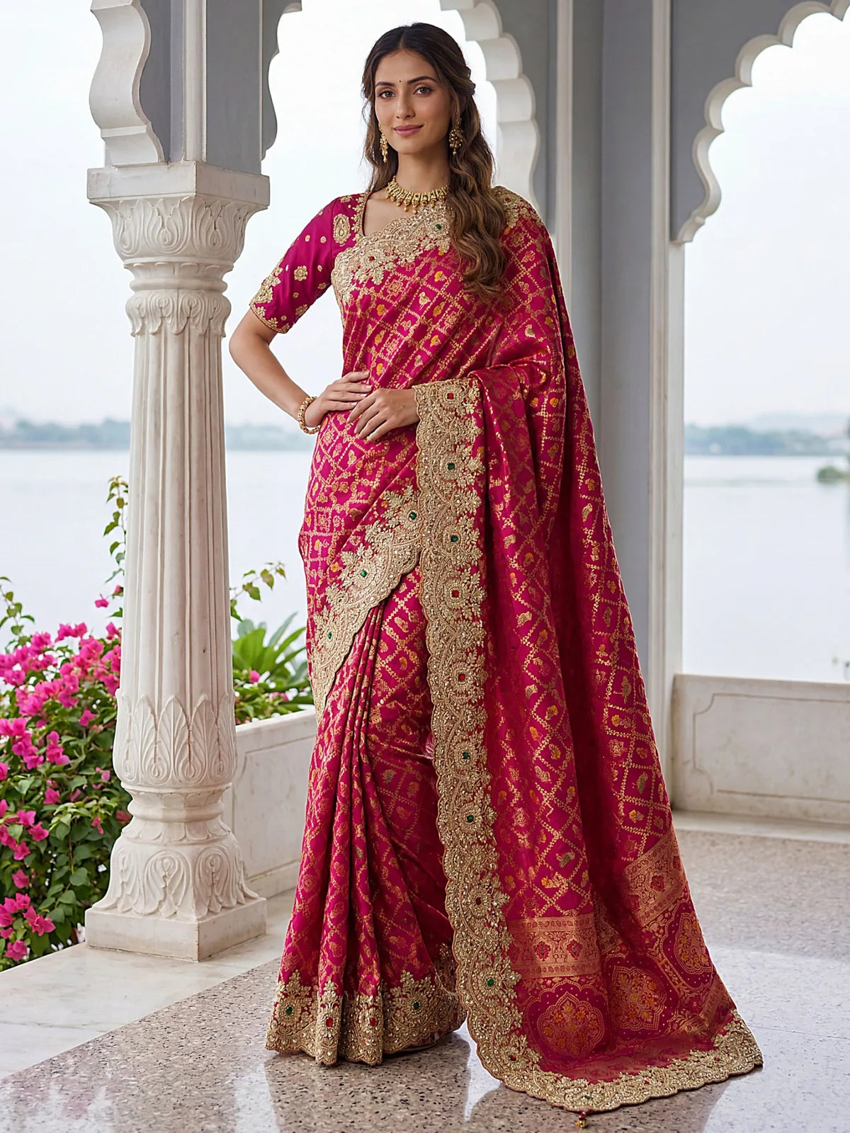 Tarani Madhura magenta Banarasi silk saree full view with heavy embroidery zari border wedding wear