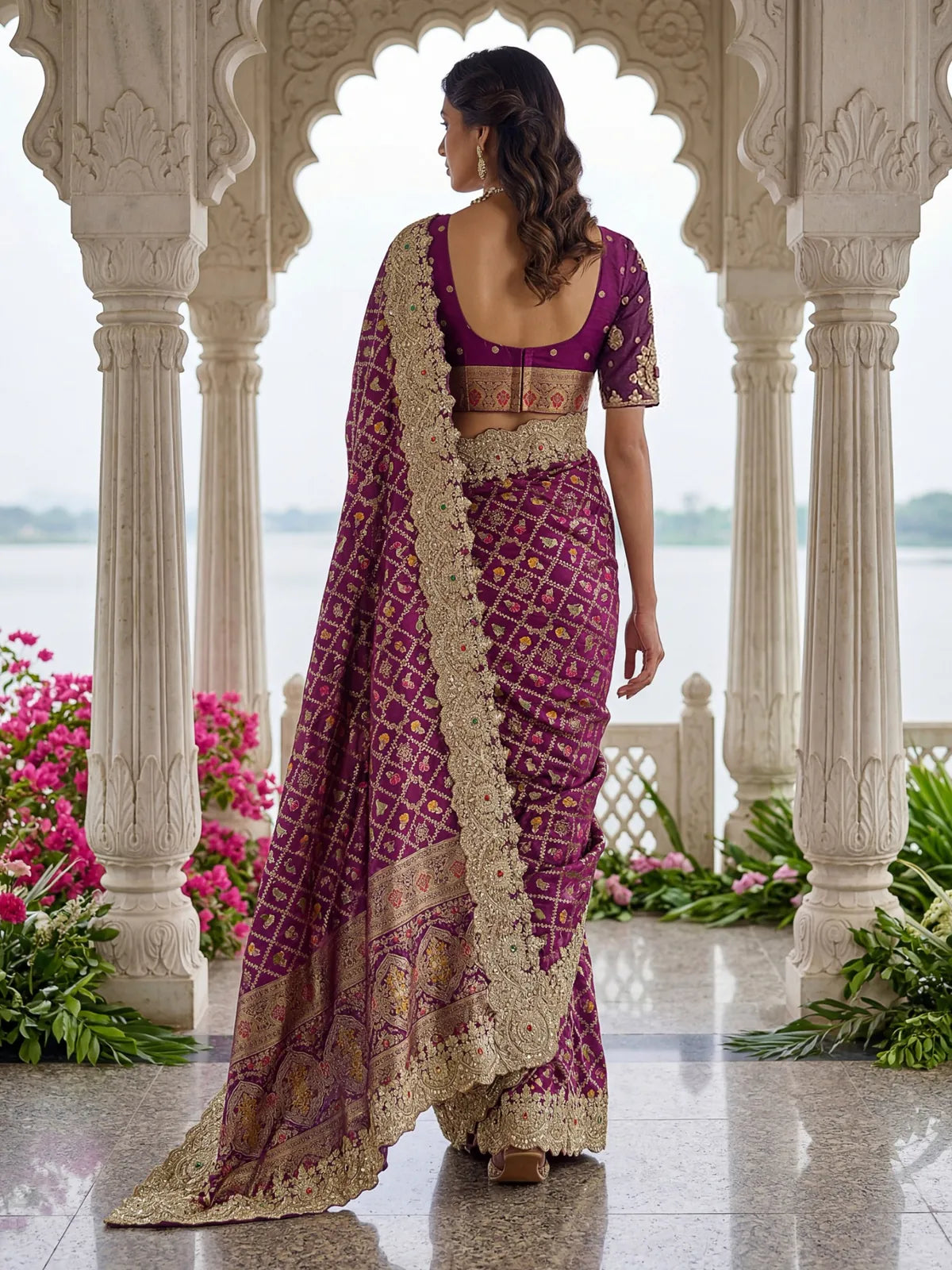 Tarani Ankita purple Banarasi silk saree back view with designer blouse pattern