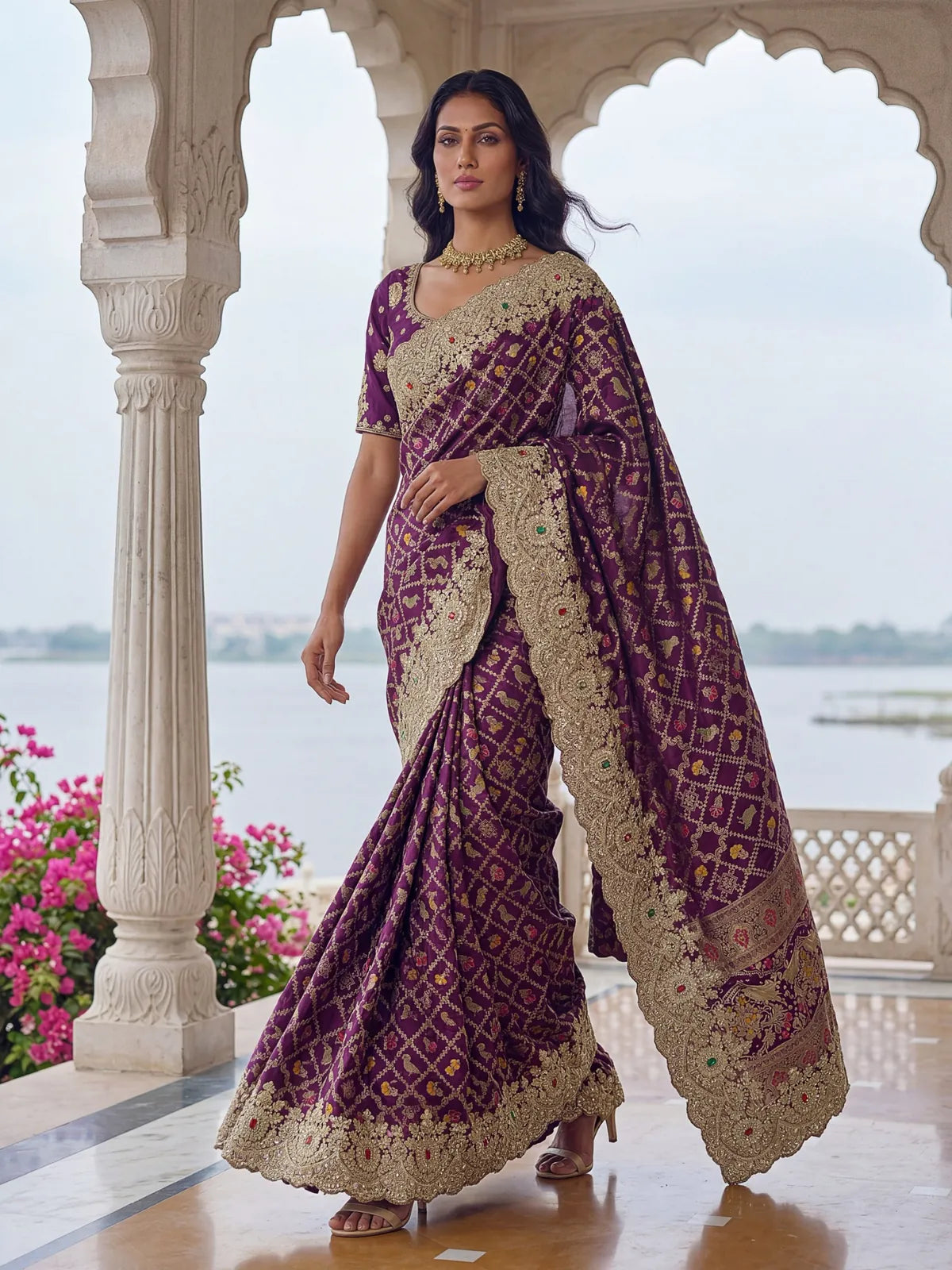Tarani Ankita purple Banarasi silk saree front view with zari and sequins work