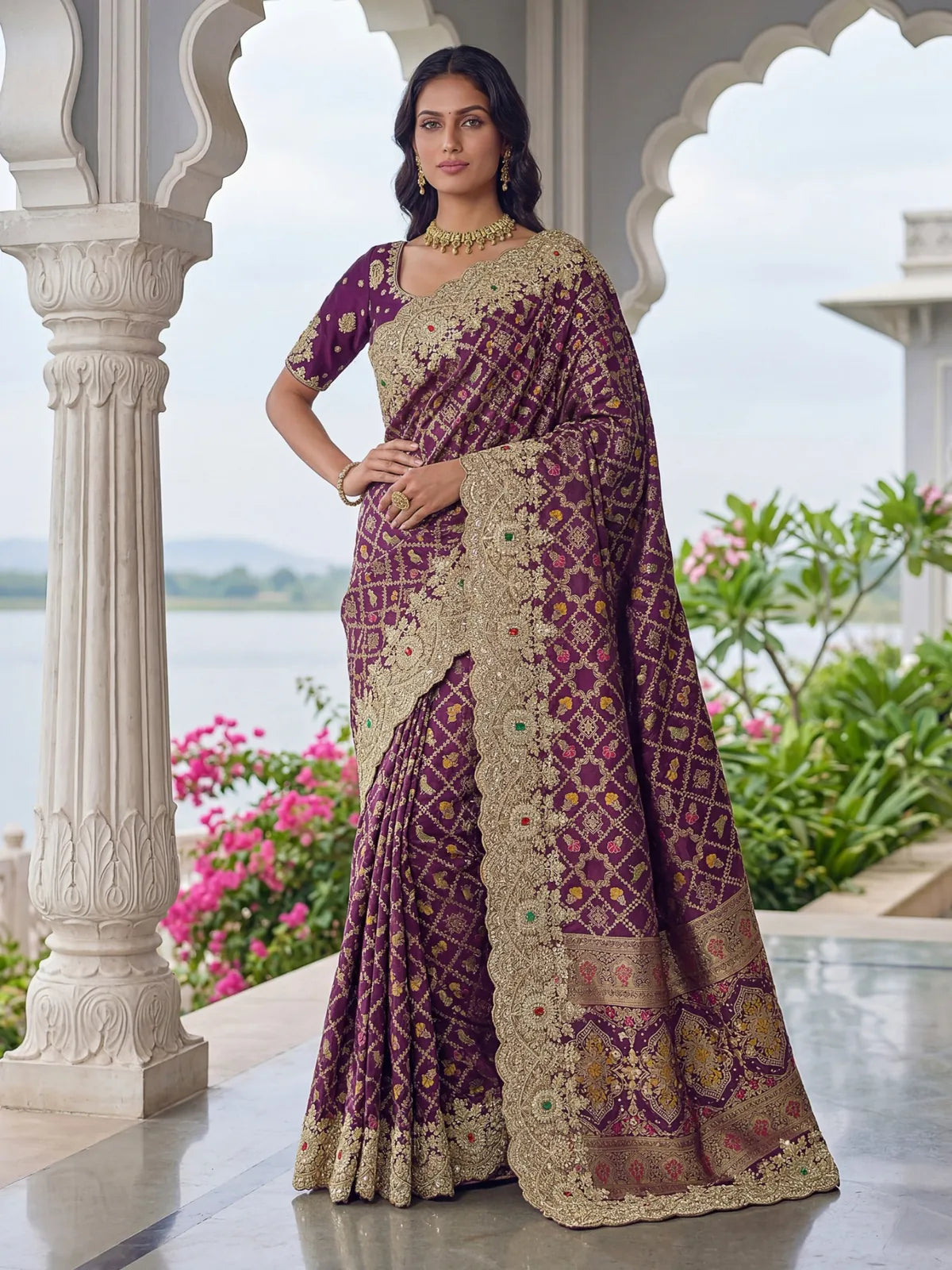 Tarani Ankita purple Banarasi silk saree with heavy embroidery full view wedding wear