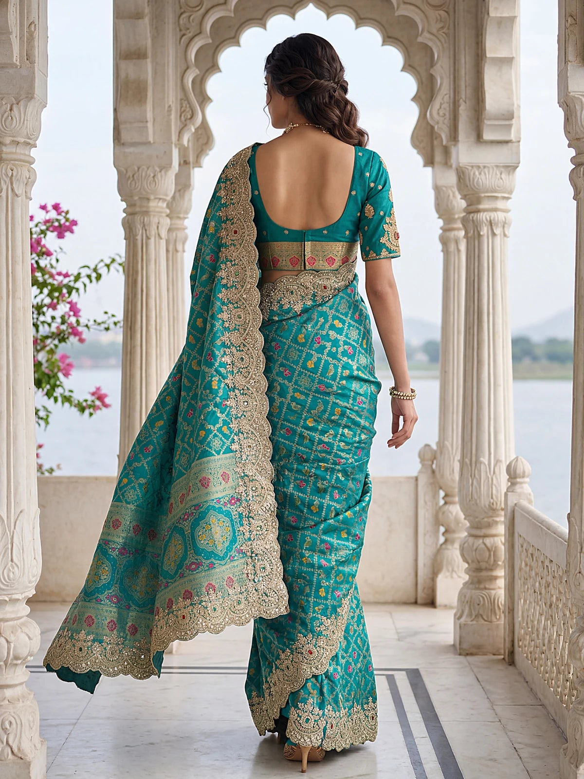 Tarani teal Banarasi silk saree back blouse design and rear drape view