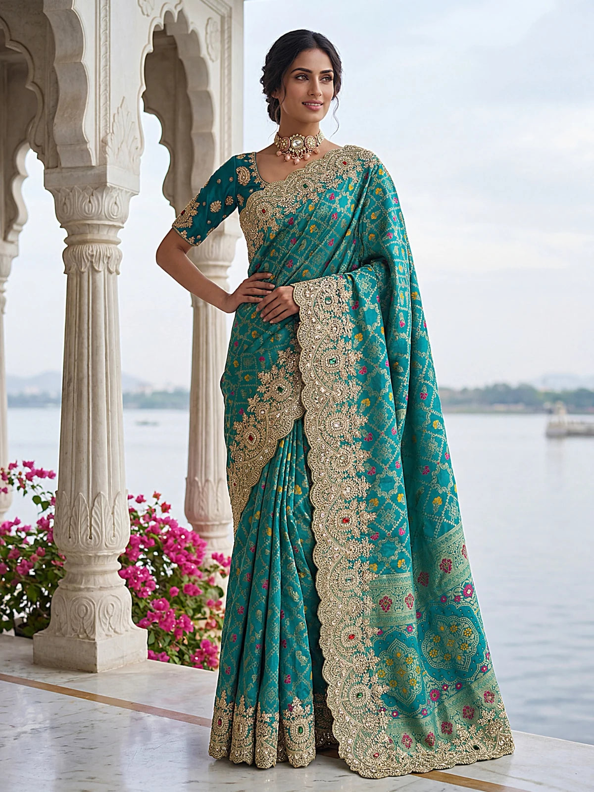 Tarani teal Banarasi silk saree with heavy embroidery zari dori work full view wedding wear