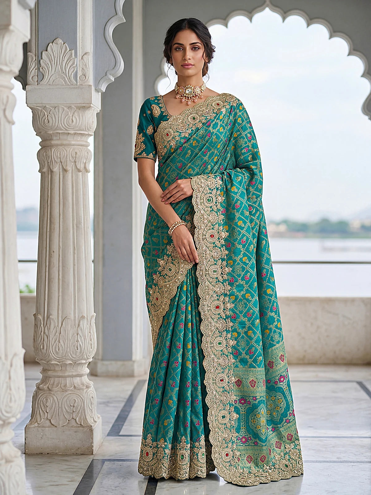 Tarani teal Banarasi silk saree pallu and border detailing showcase