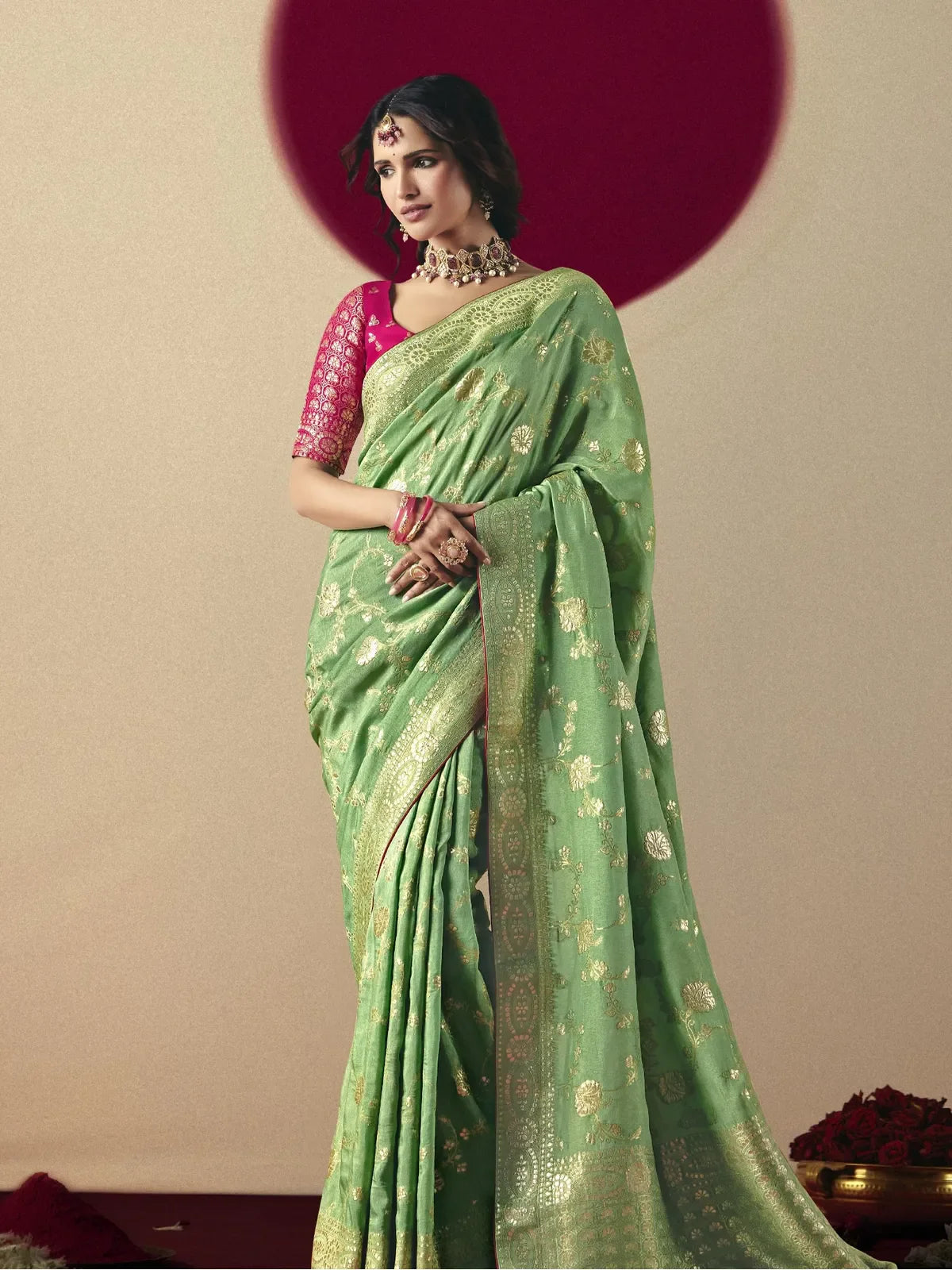 Tarani green bemberg viscose saree full view with golden weaving and festive contrast blouse