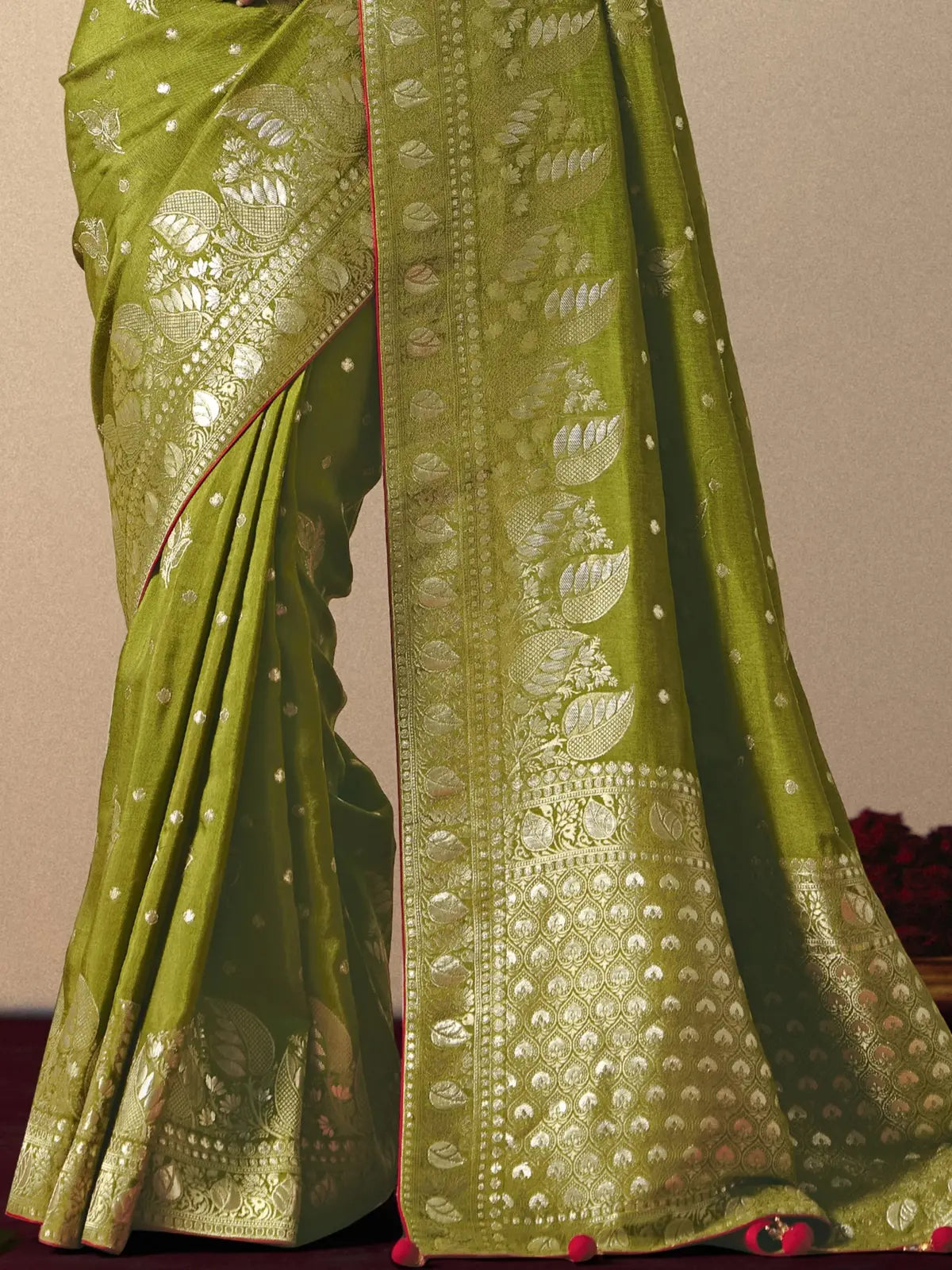 Tarani graceful saree back blouse design in red with green drape