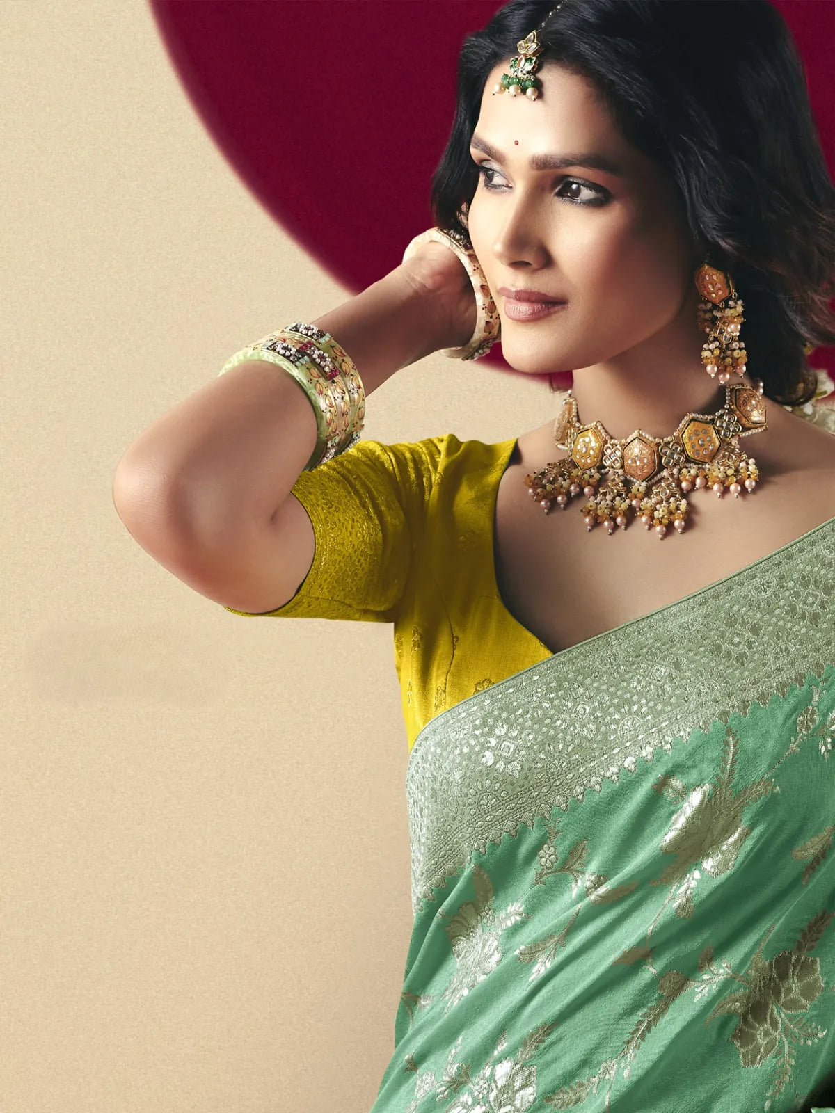 Tarani elegant green bemberg viscose saree with contrast blouse upper body view