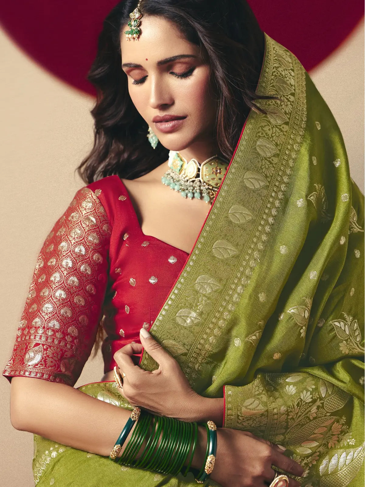 Tarani elegant green viscose saree full drape view with weaving work and tussles