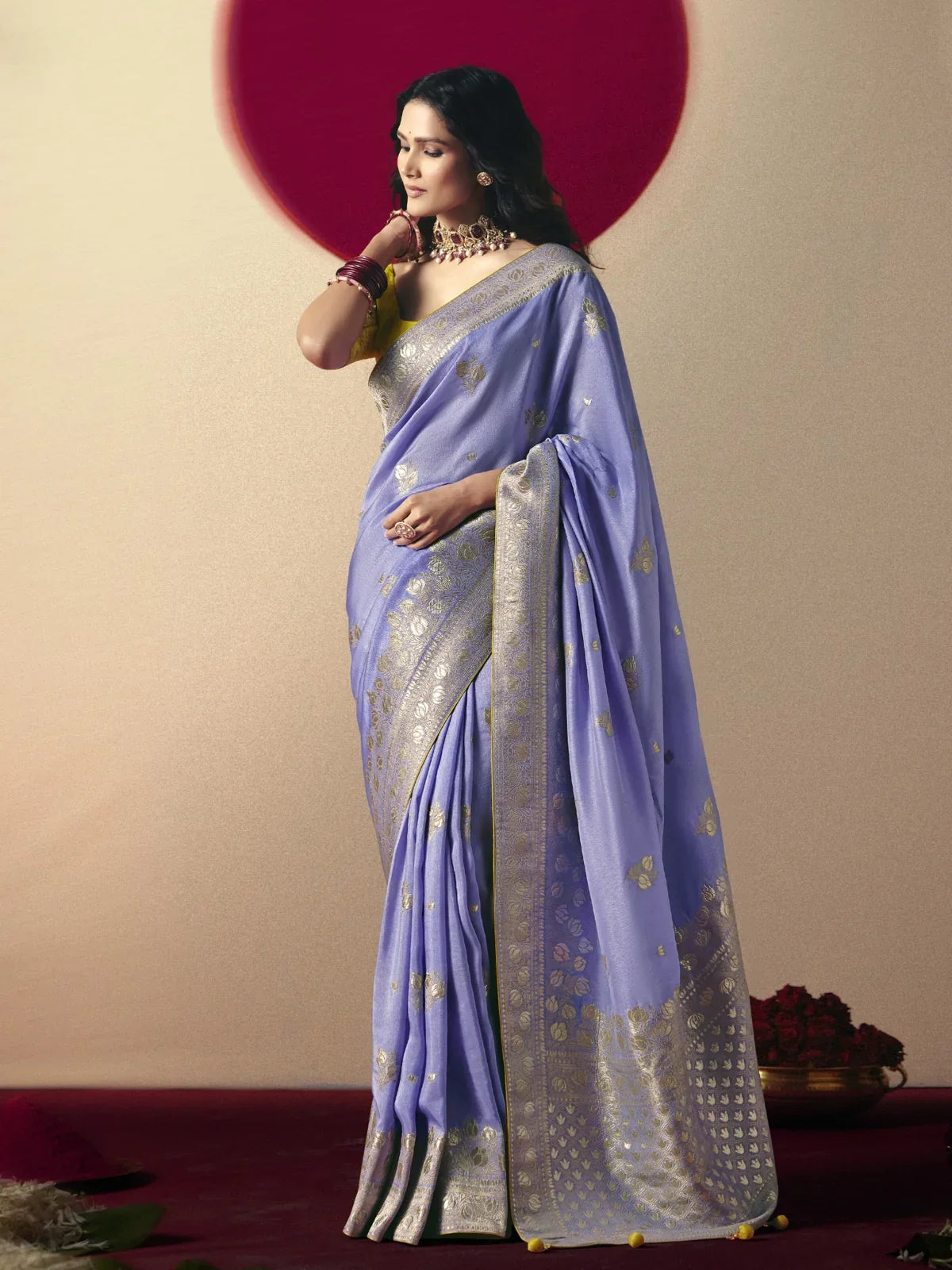 Tarani lavender viscose saree full view with golden weaving and tassel border for festive wear