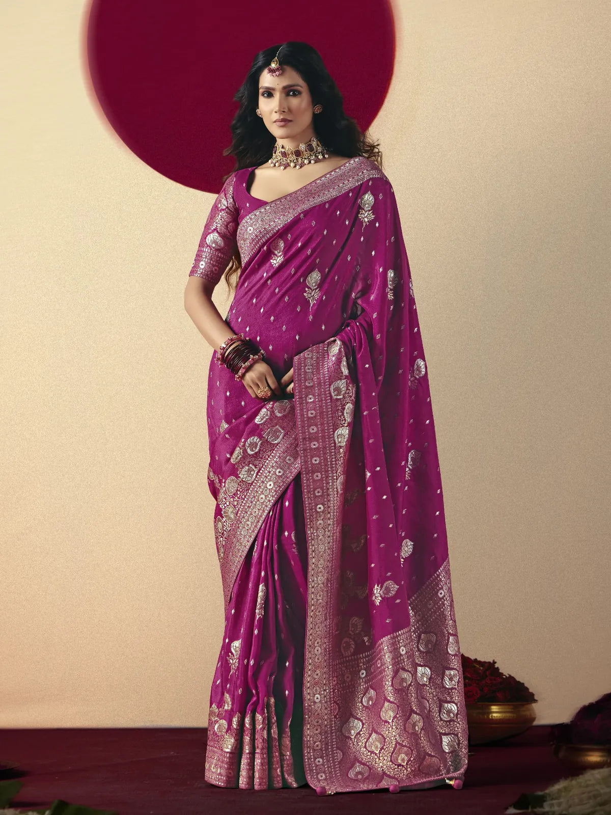 Tarani magenta bemberg viscose saree full view with weaving work and blouse
