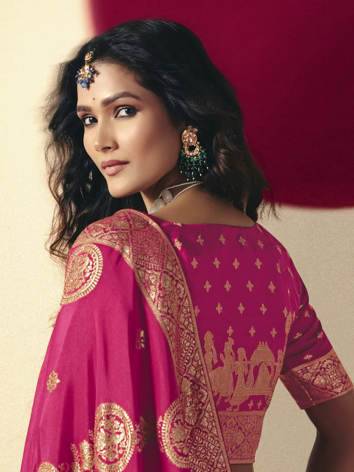 Tarani pink bemberg viscose saree back view highlighting blouse and weaving design