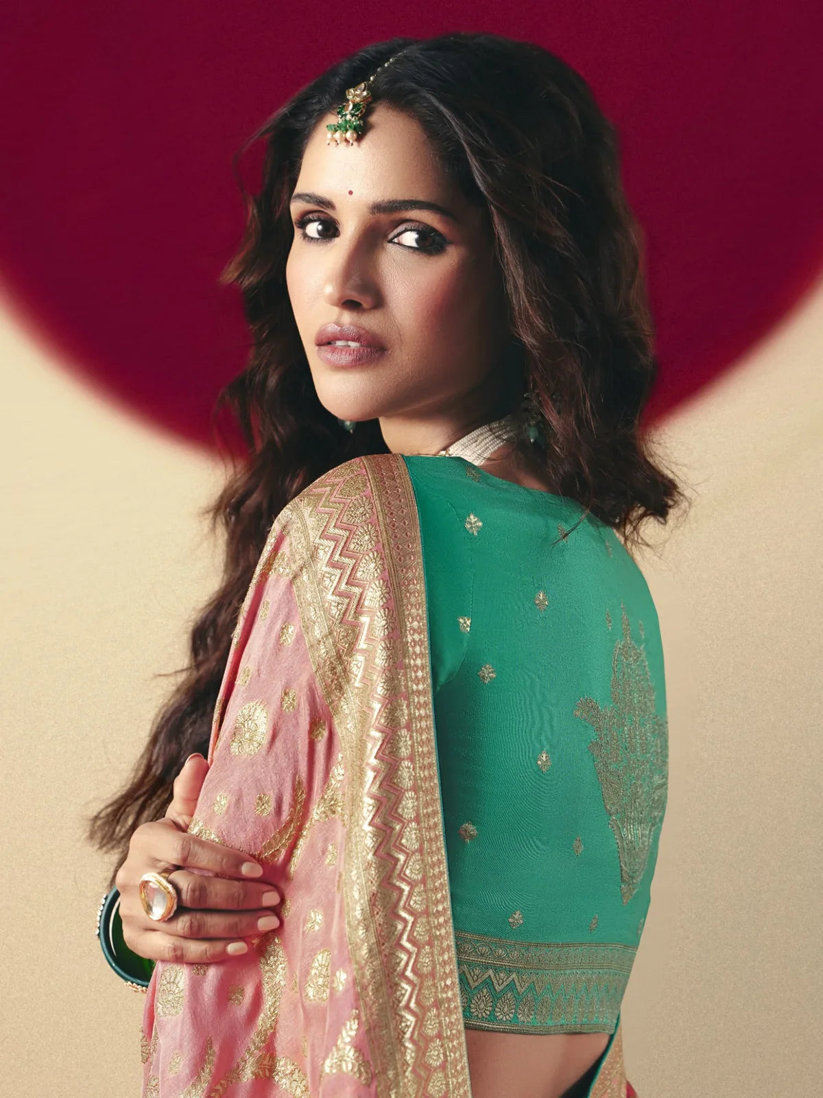 Tarani pink viscose saree back view showing blouse and woven design