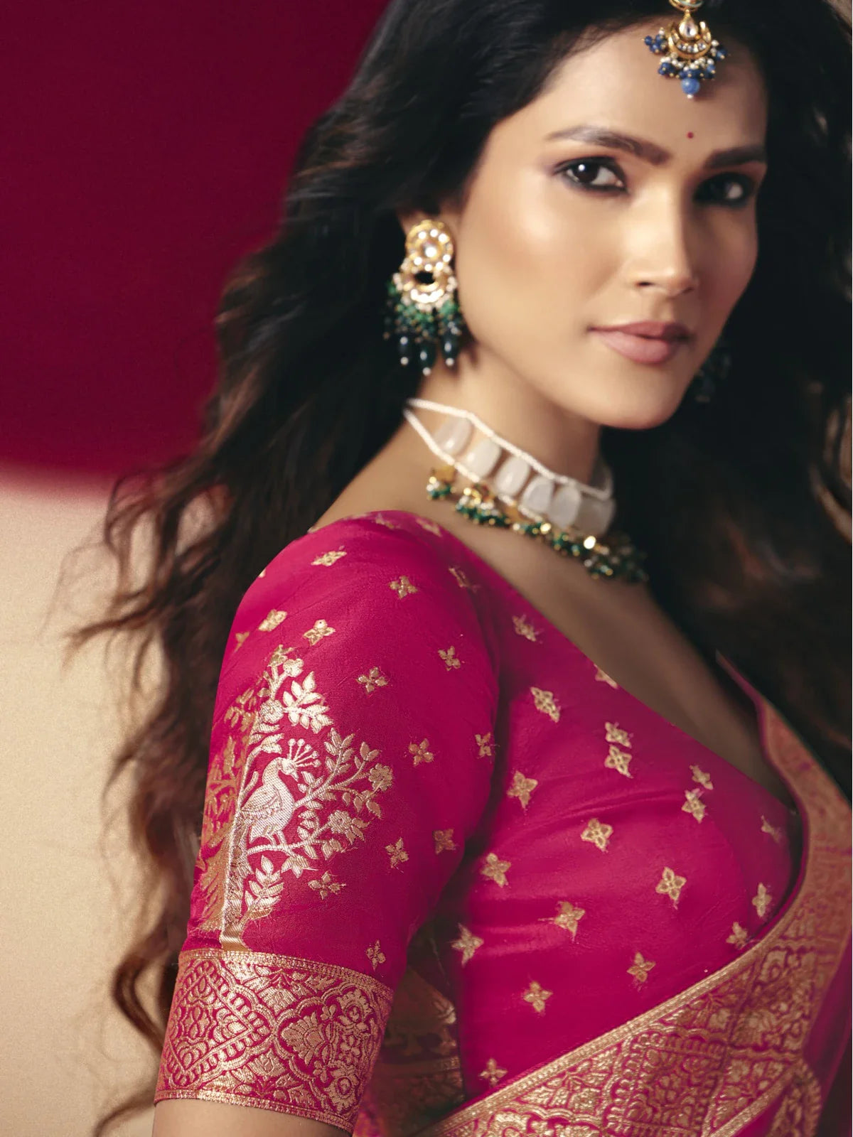 Tarani pink bemberg viscose saree blouse view with golden zari and detailed pattern