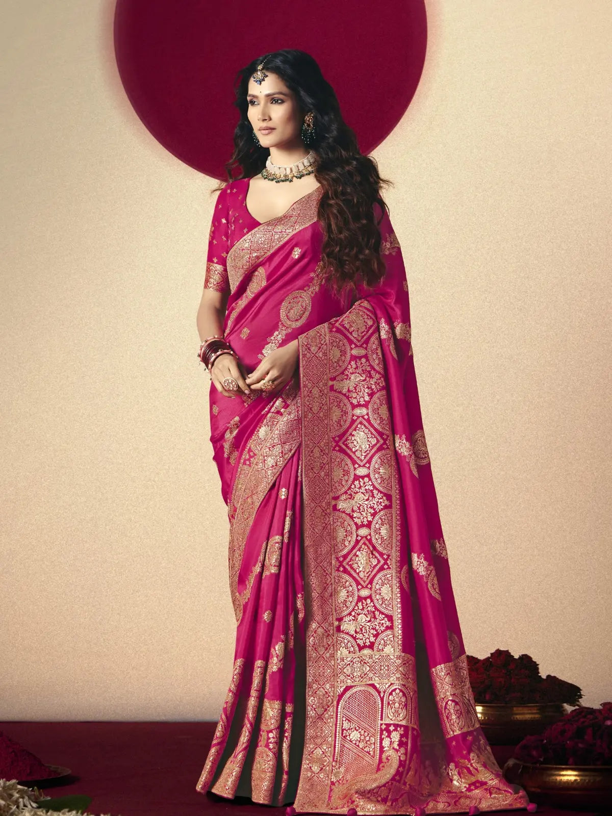 Tarani premium pink bemberg viscose saree full view with golden weaving and contrast blouse